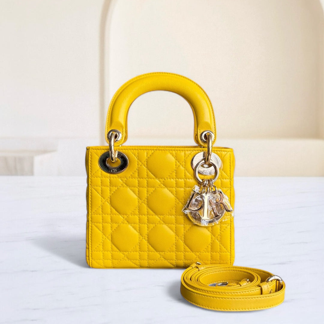 Dior Lady Mini - Cannage Lambskin Yellow Silver Hardware Adjustable Strap