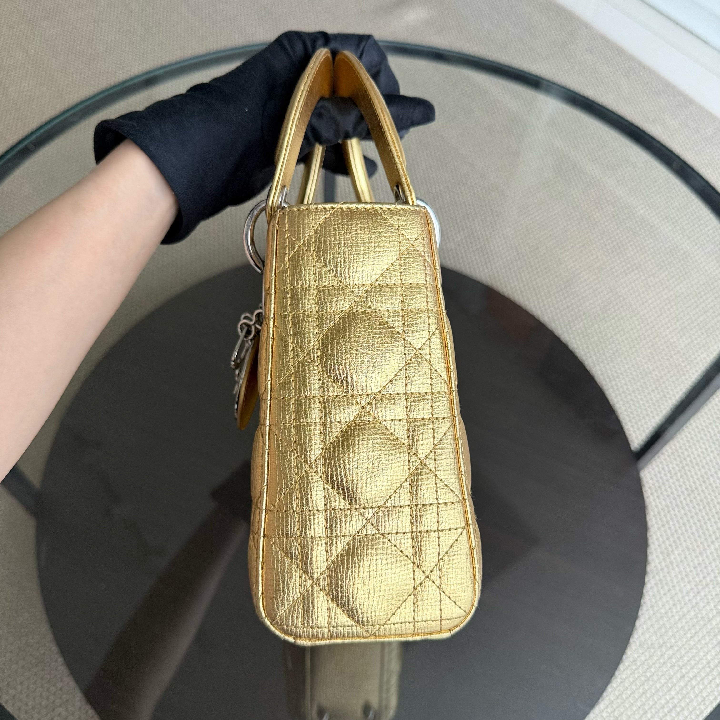Dior Lady Small - Cannage Metallic Calfskin Gold Silver Hardware