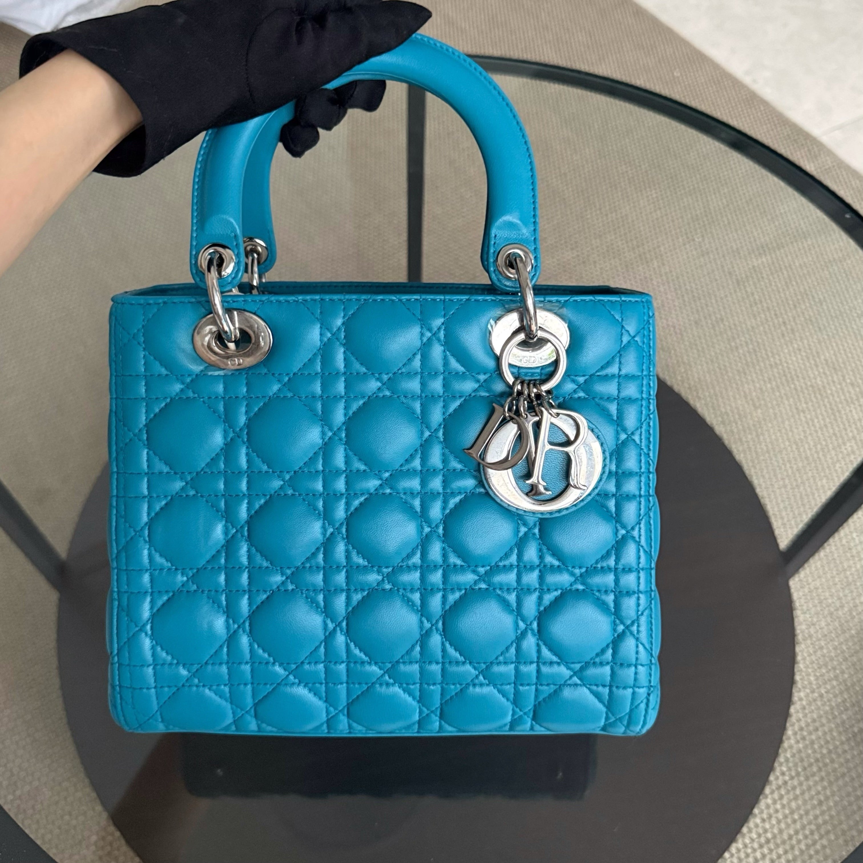 Dior Lady Medium - Cannage Lambskin Blue Silver Hardware