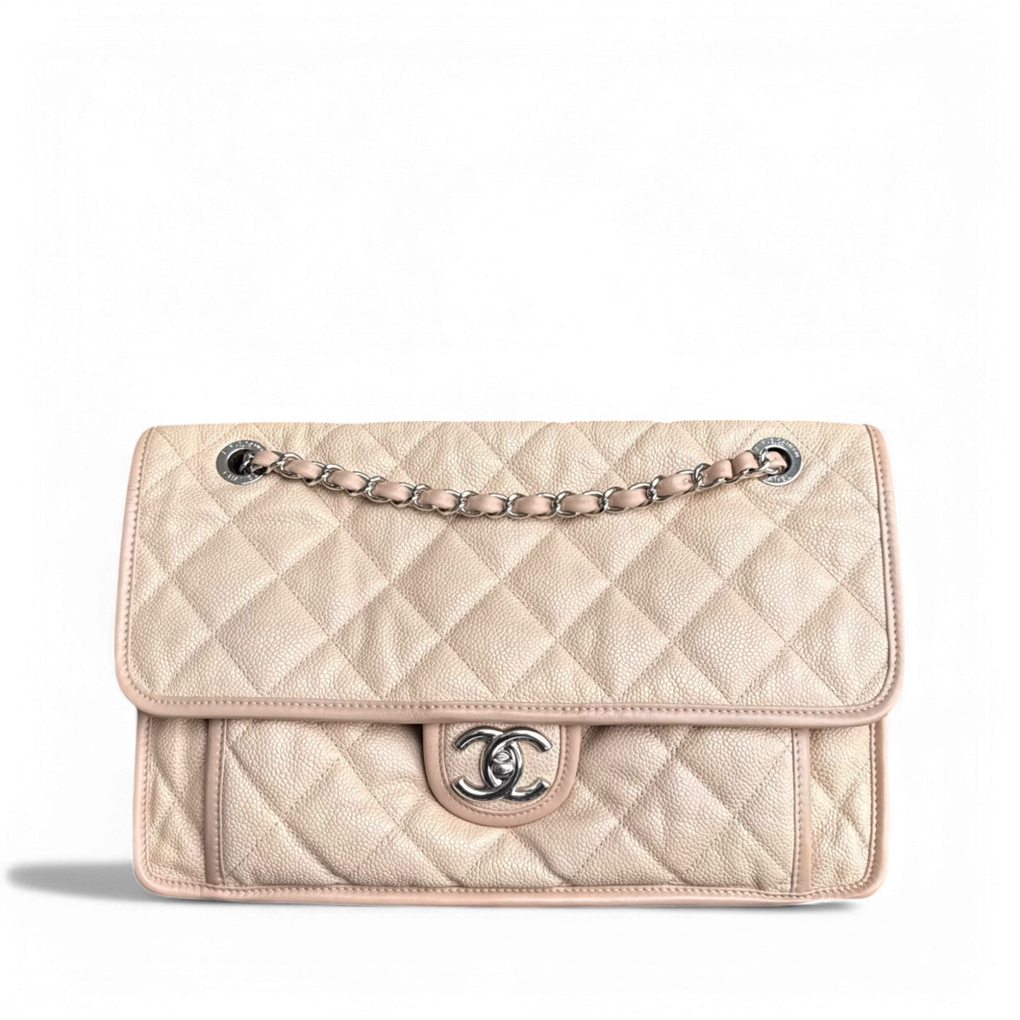 Chanel French Riviera Jumbo - Caviar 33CM Quilted Beige Silver Hardware Series 17