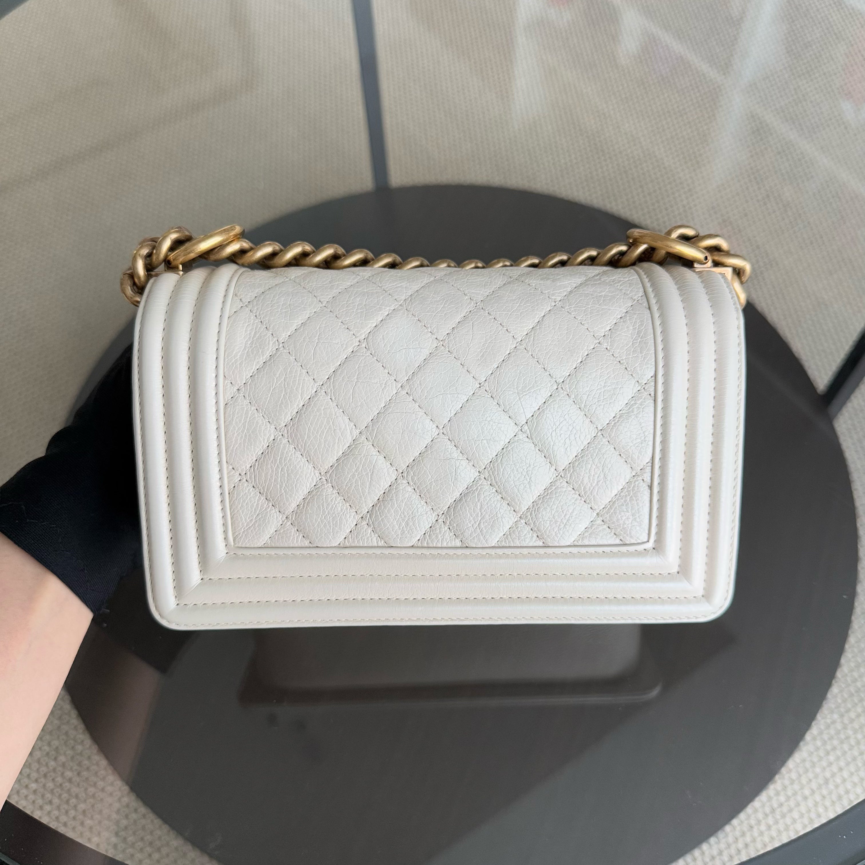 Chanel Boy Small - Grained Calfskin Quilted Cream White Gold Hardware Series 20