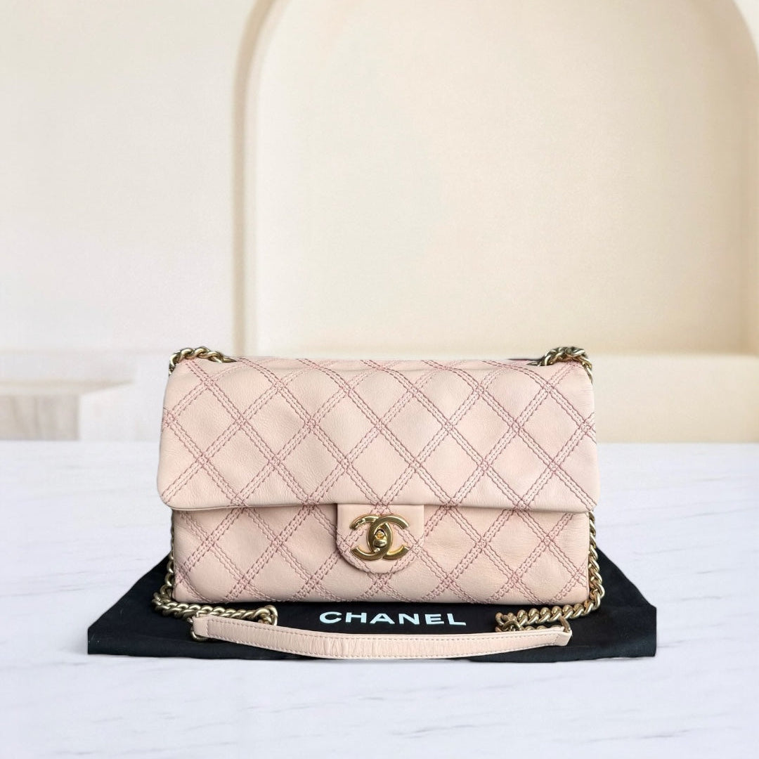 Chanel Seasonal Flap Medium - Triple Stitched Calfskin Quilted Pink Gold Hardware Series 19
