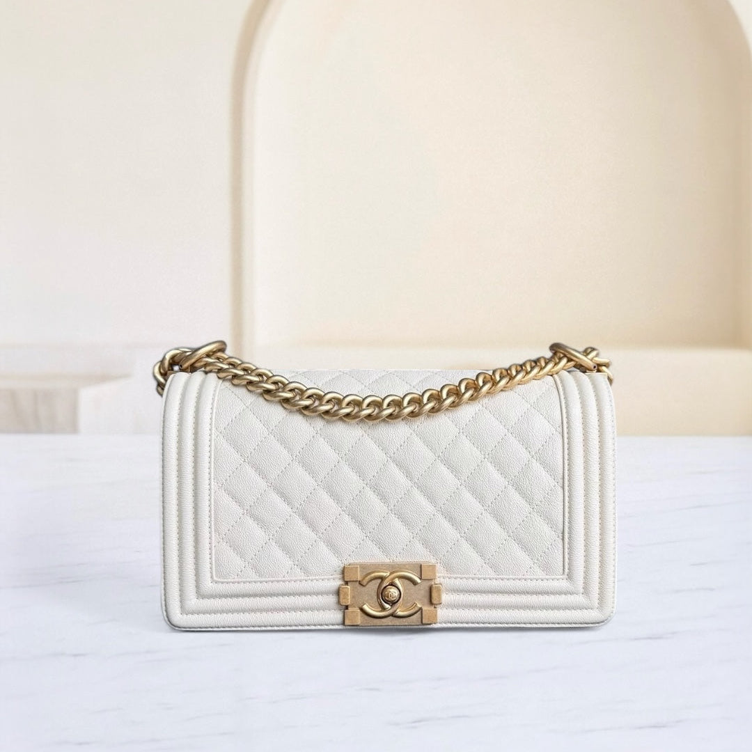 Chanel Boy Medium - Caviar 25CM Cream White Aged Gold Hardware Series 26