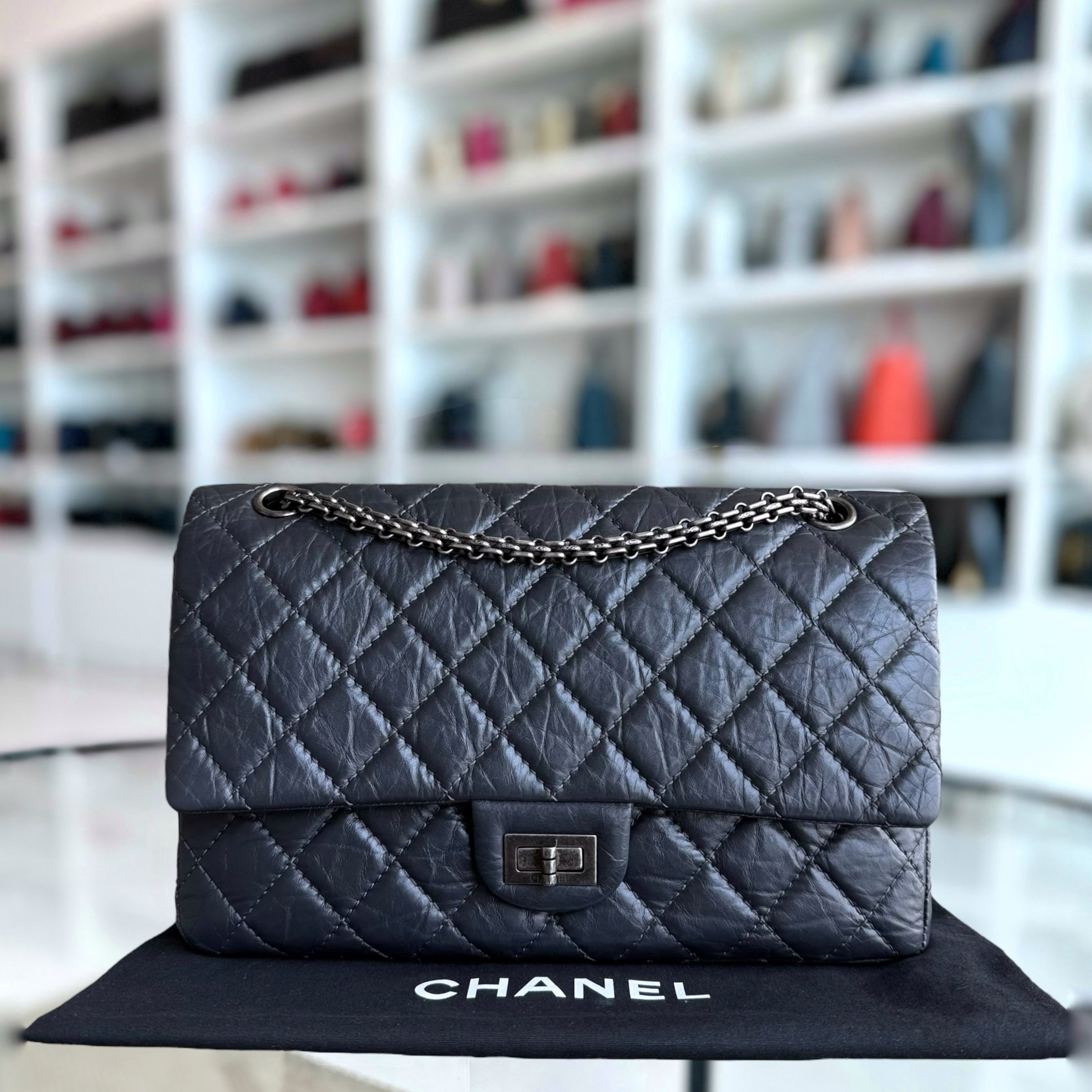 Chanel 2.55 Reissue 226 - Aged Quilted Calfskin Dark Grey Gray Ruthenium Silver Hardware Series 16