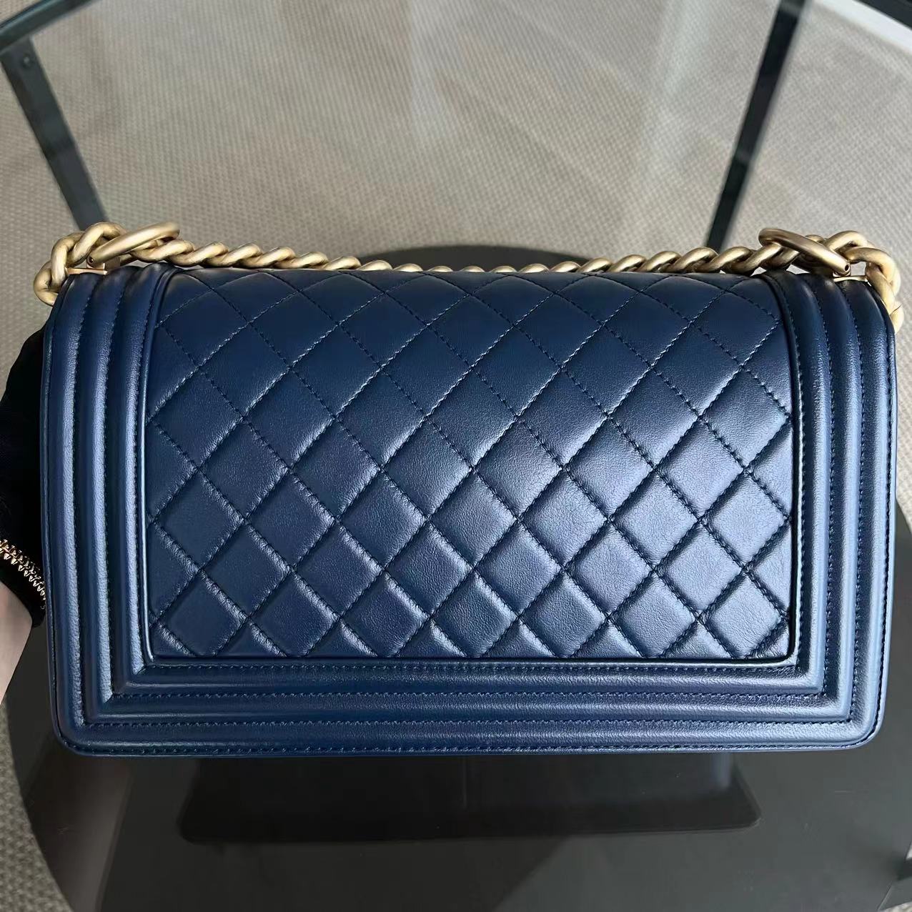 Chanel Boy Old Medium 25CM Quilted Lambskin Dark Blue Golden Hardware Series 24