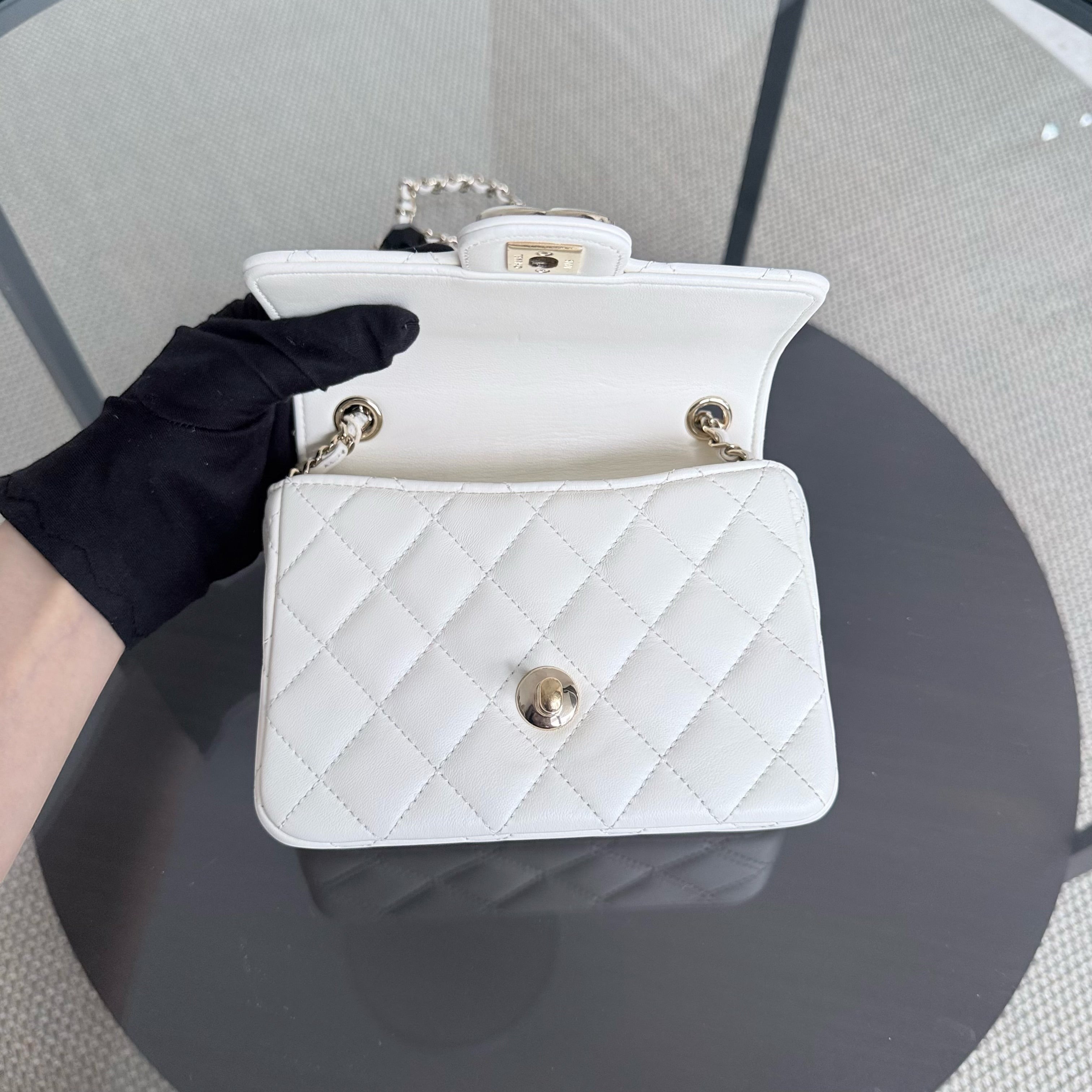 Chanel Classic Flap Mini Square - Lambskin Quilted White Gold Hardware Microchip
