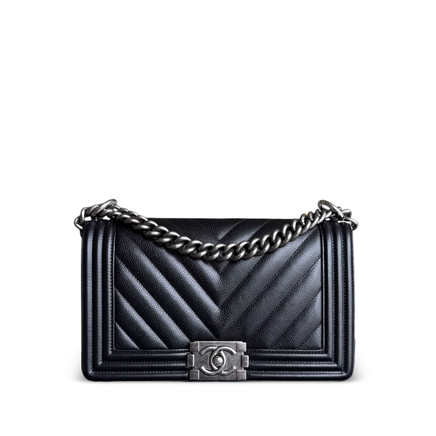 Chanel Boy Medium - 25CM Chevron Caviar Black Ruthenium Silver Hardware Series 29