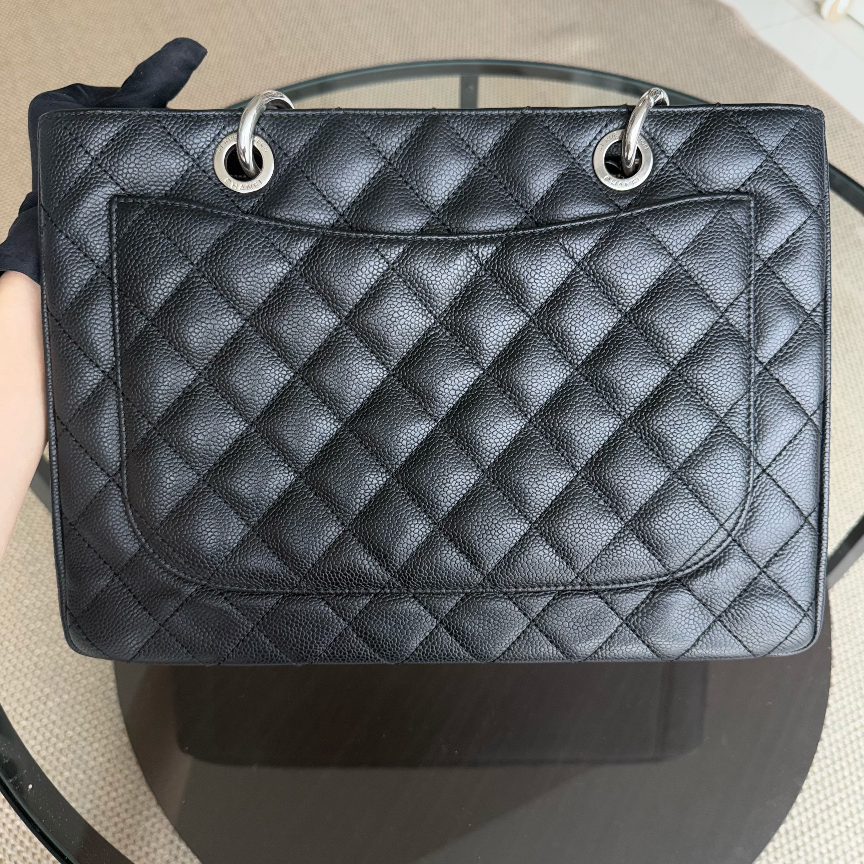 Chanel GST Grand Shopping Tote - Caivar Quilted Black Silver Hardware