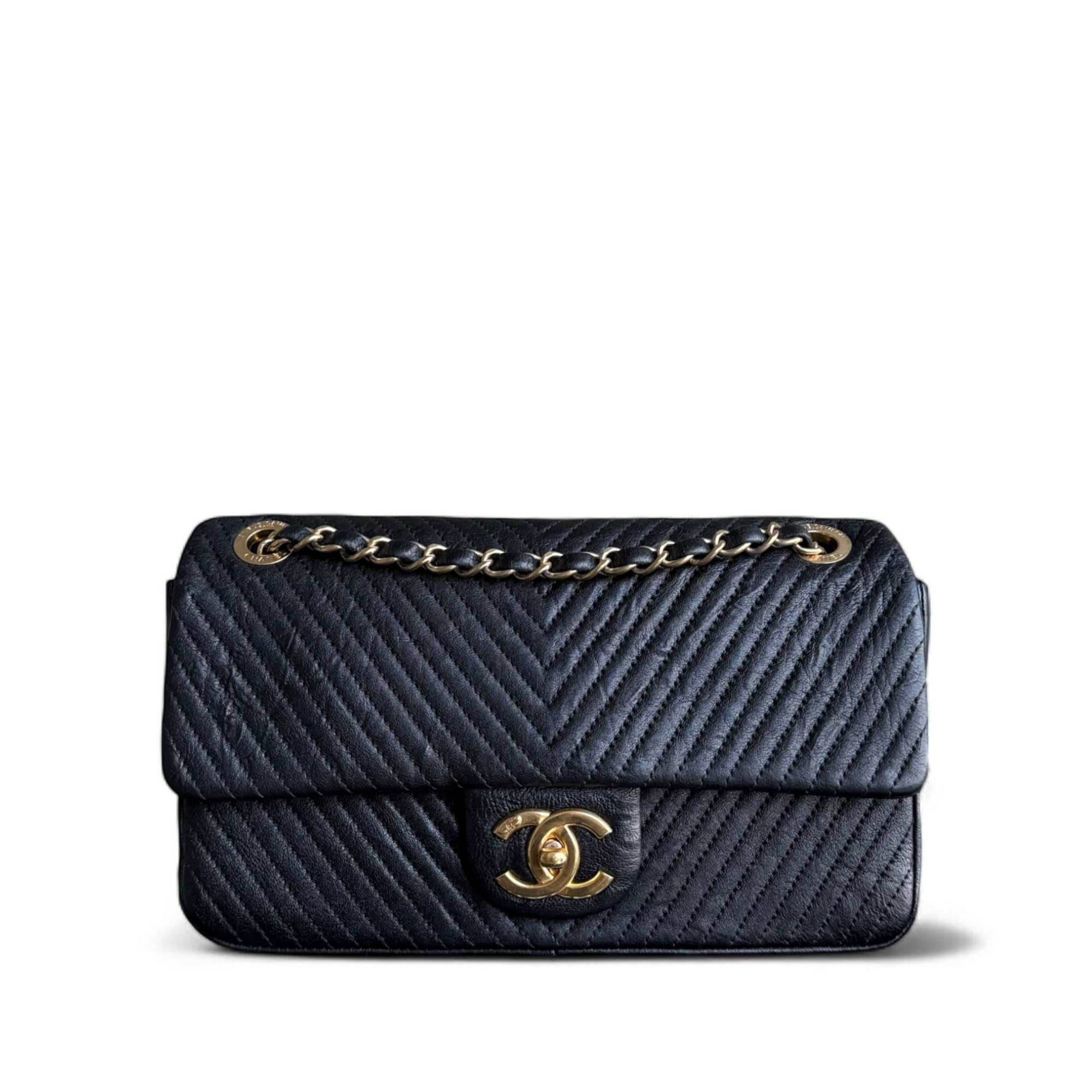 Chanel Seasonal Herringbone Medium Flap - 25CM Calfskin Chevron Black Distressed Aged Gold Hardware Series 20