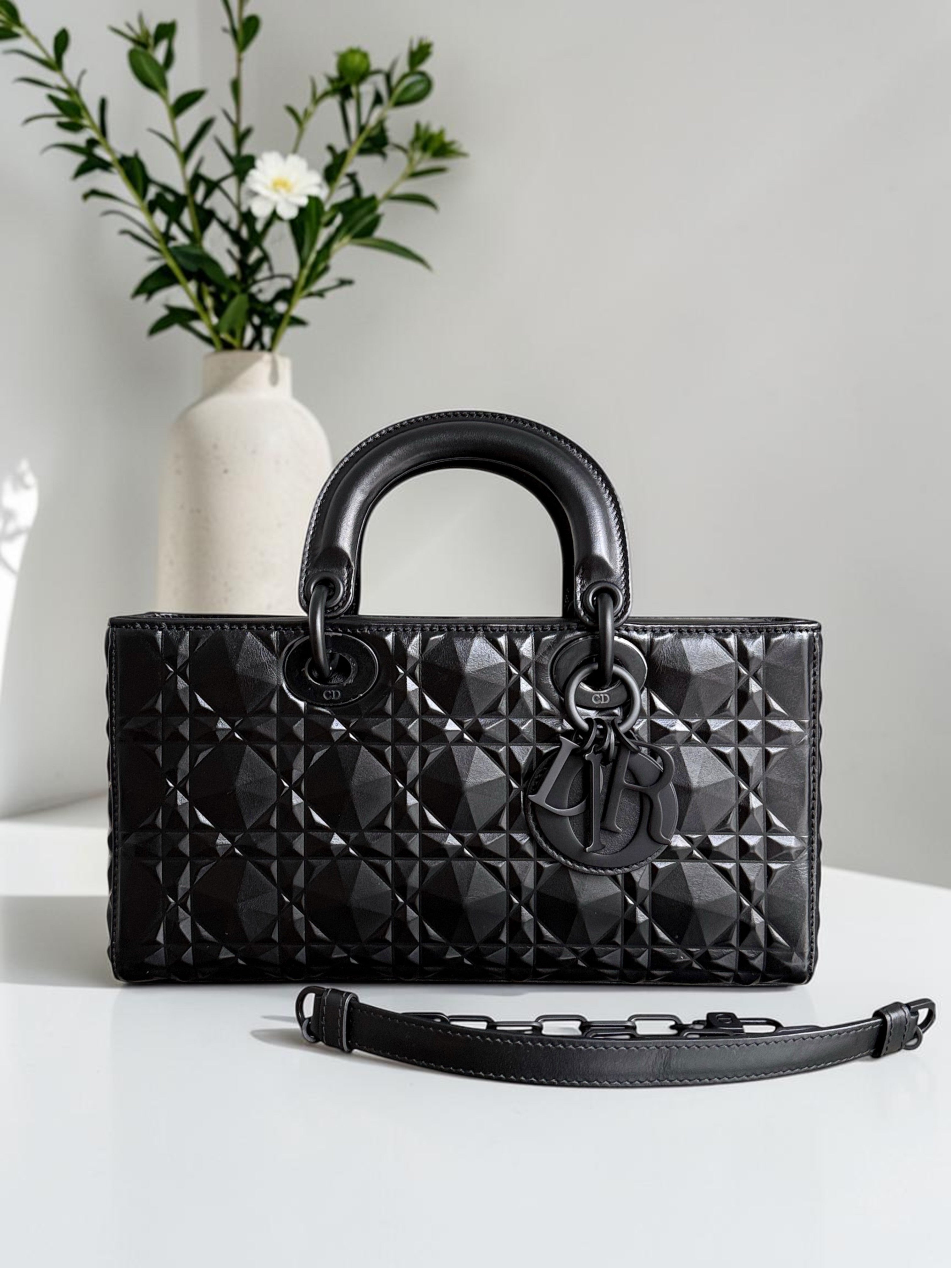 Dior D-Joy Medium - Black Cannage Dimond Motif All Black Hardware