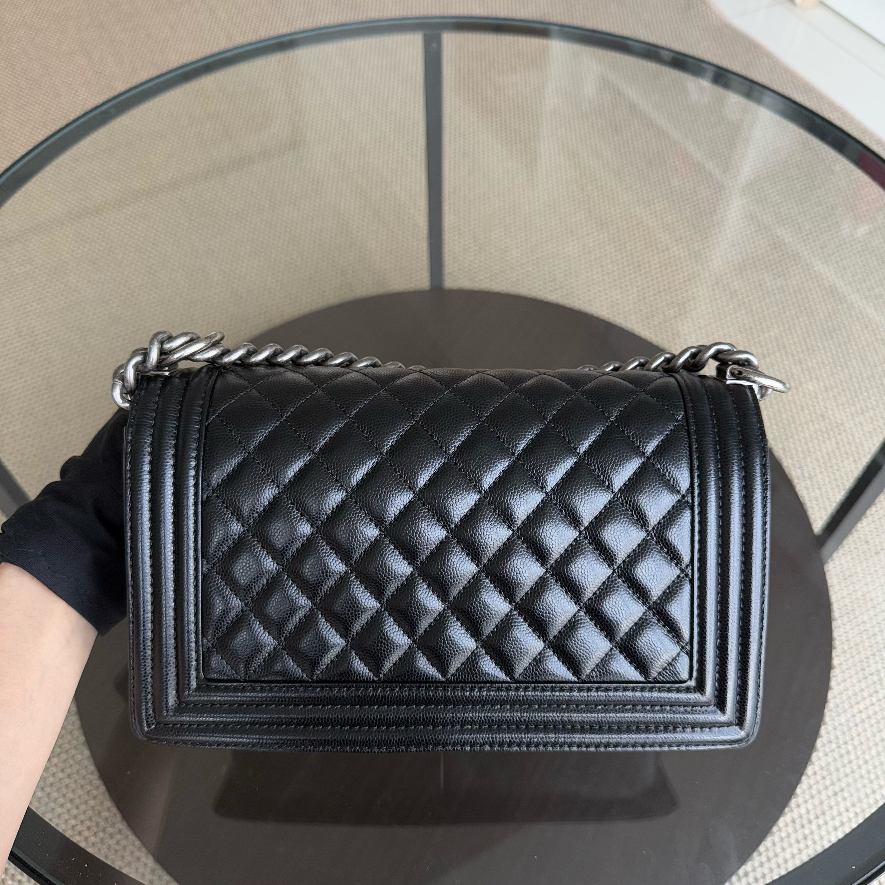 Chanel Boy Medium - Caivar 25CM Quilted Black Ruthenium Silver Hardware Series 28