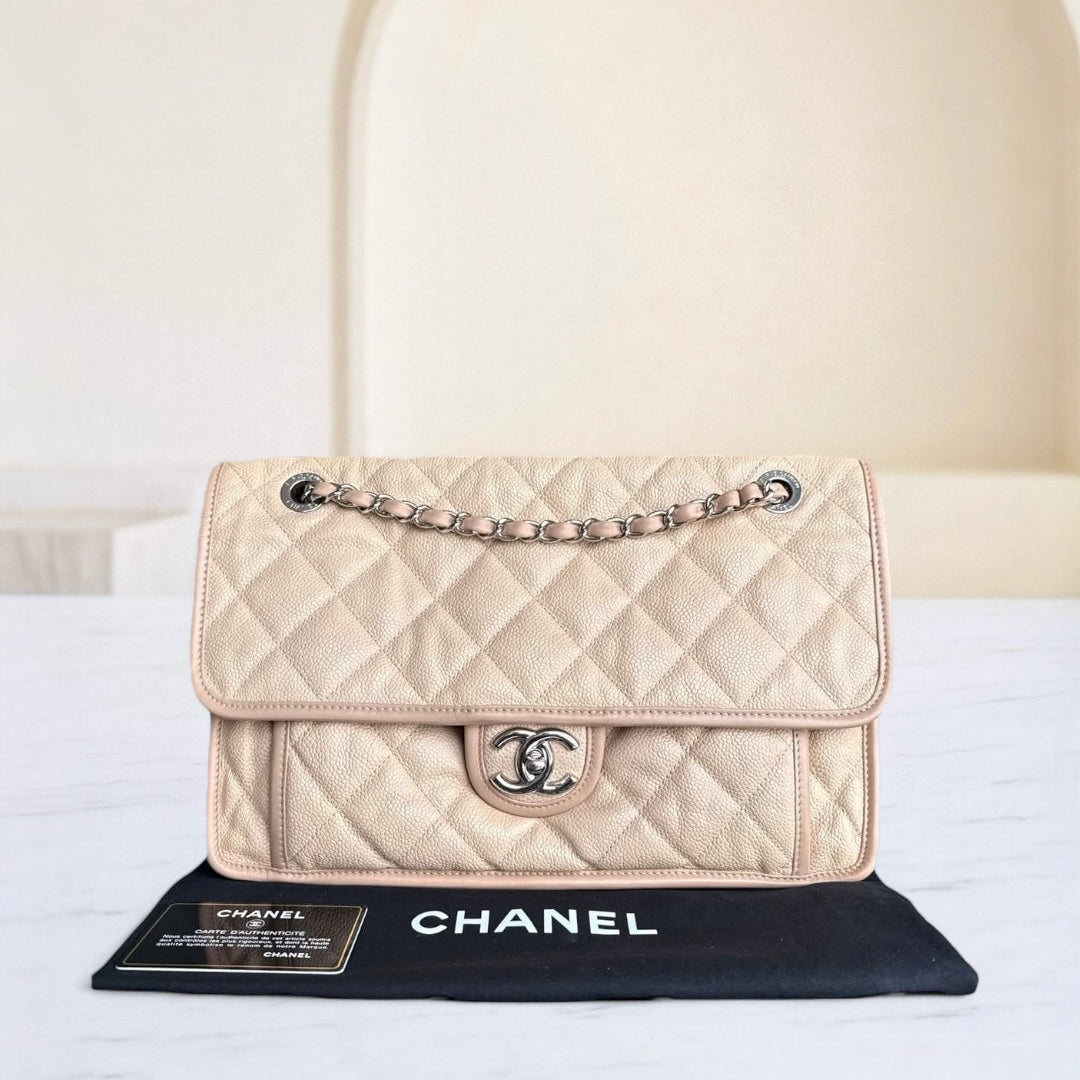 Chanel French Riviera Jumbo - Caviar Quilted Beige Silver Hardware Series 17