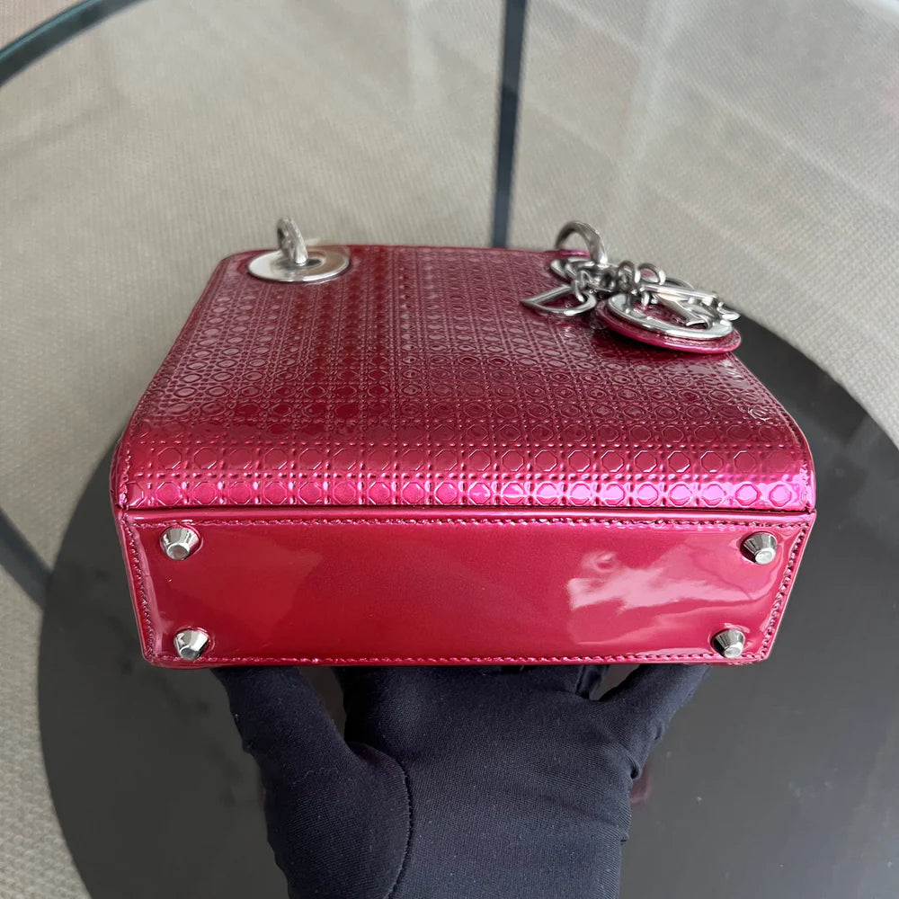 Dior Lady Mini - Calfskin Micro-Cannage Metallic Pink Silver Hardware Adjustable Strap