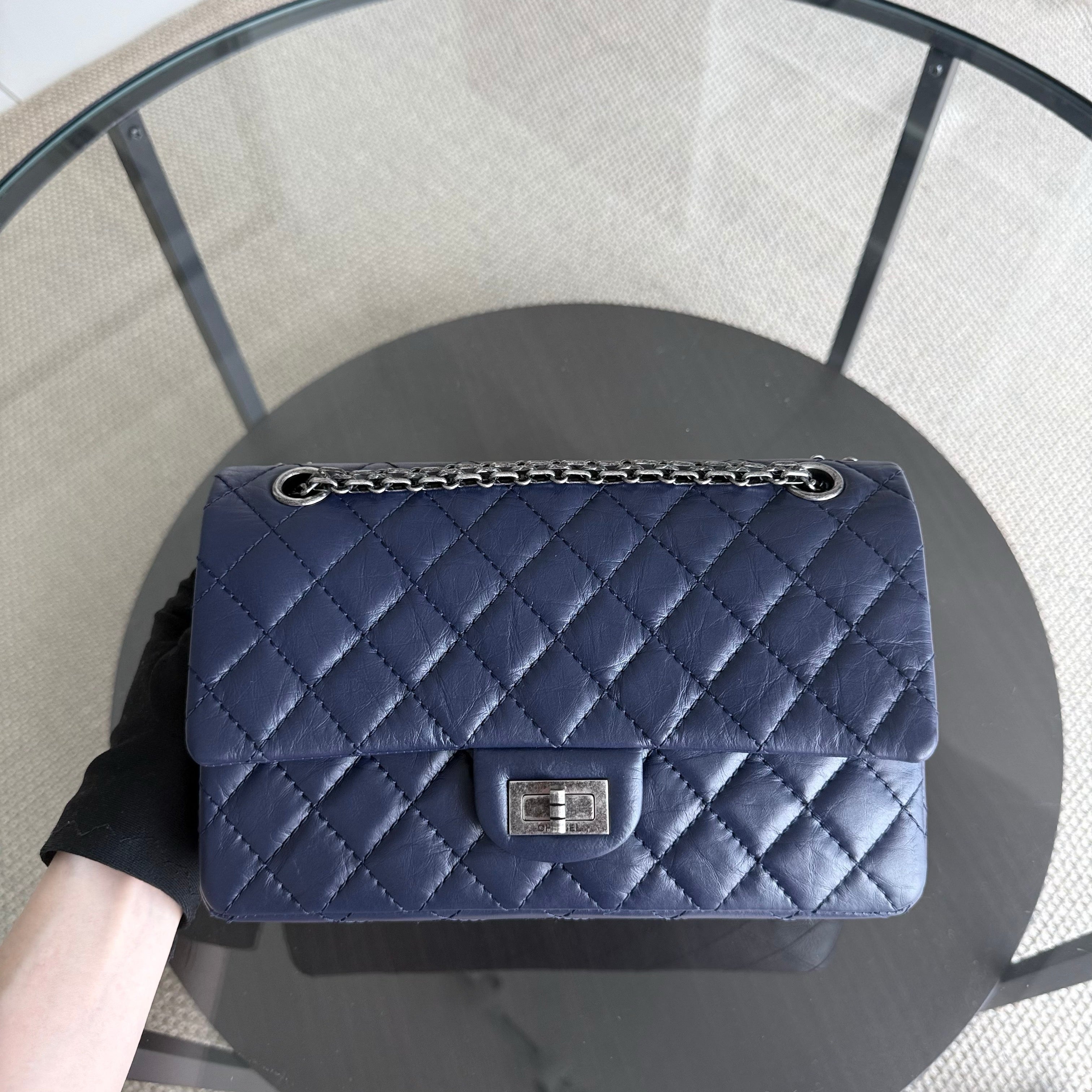 Chanel 2.55 Reissue 225 Small - 24CM Quilted Aged Calfskin Dark Blue Ruthenium Silver Hardware Series 21