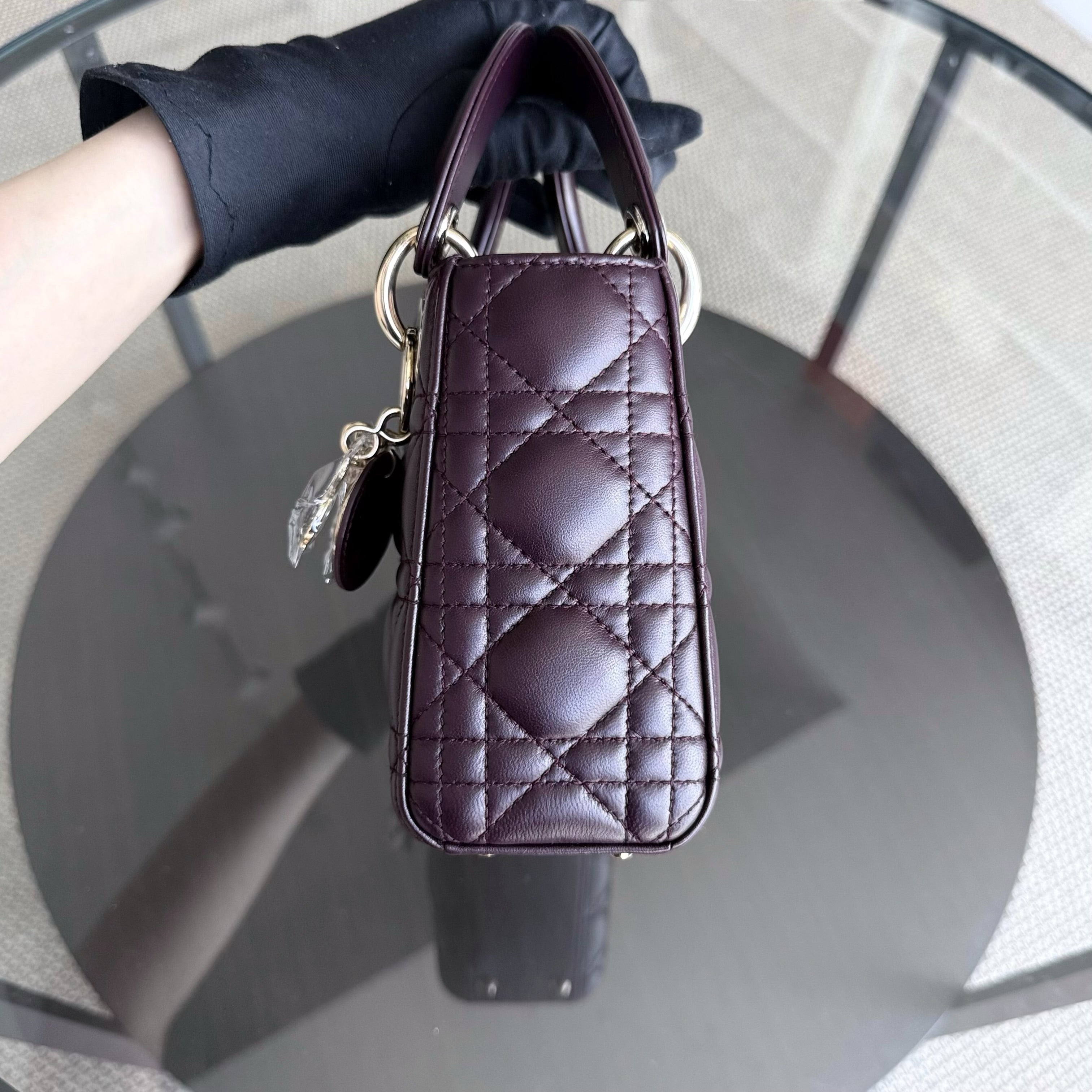 Dior Lady Mini - Cannage Lambskin Wine Burgundy Gold Hardware Chain Strap