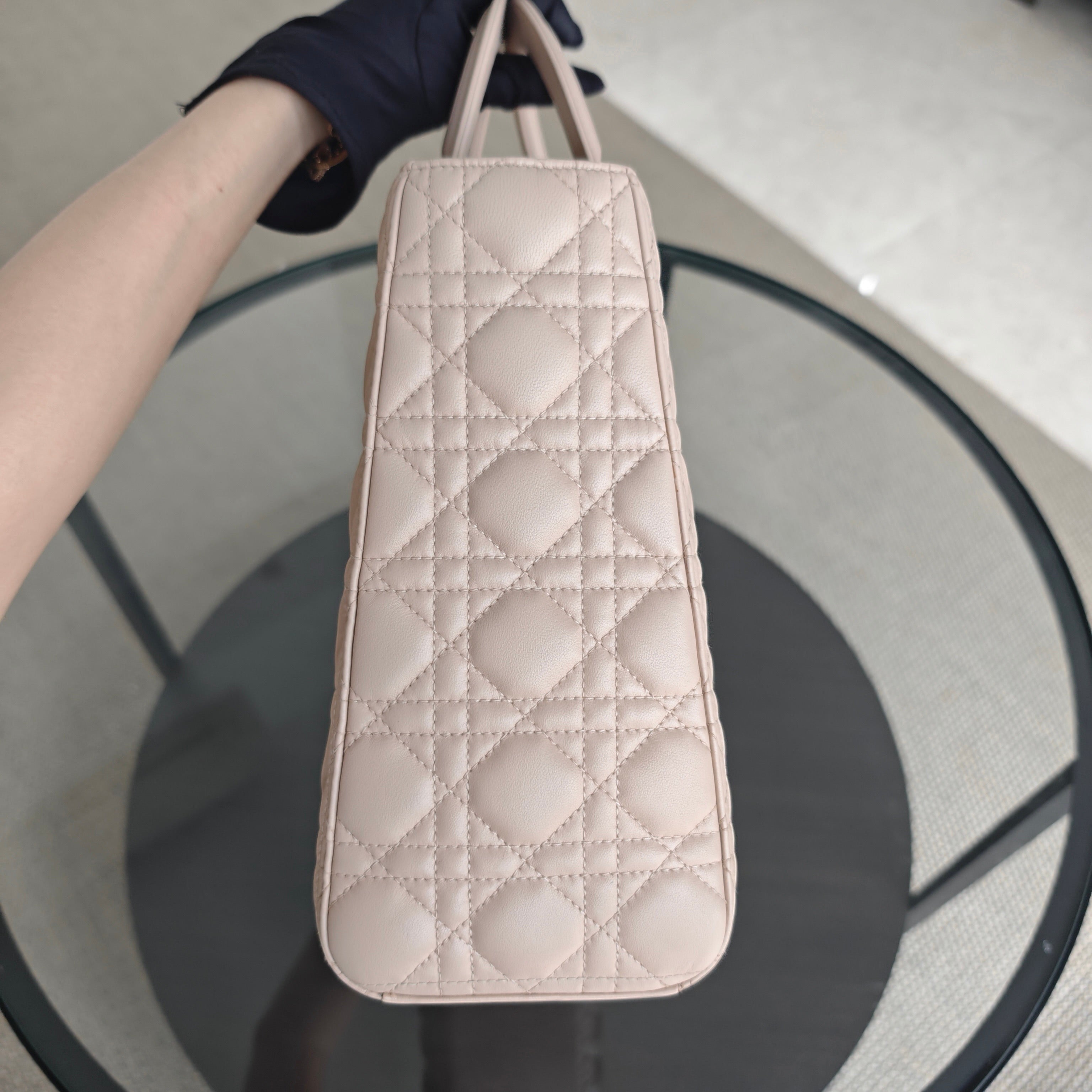 Dior Lady Large - Cannage Lambskin Light Pink Gold Hardware Adjustable Strap