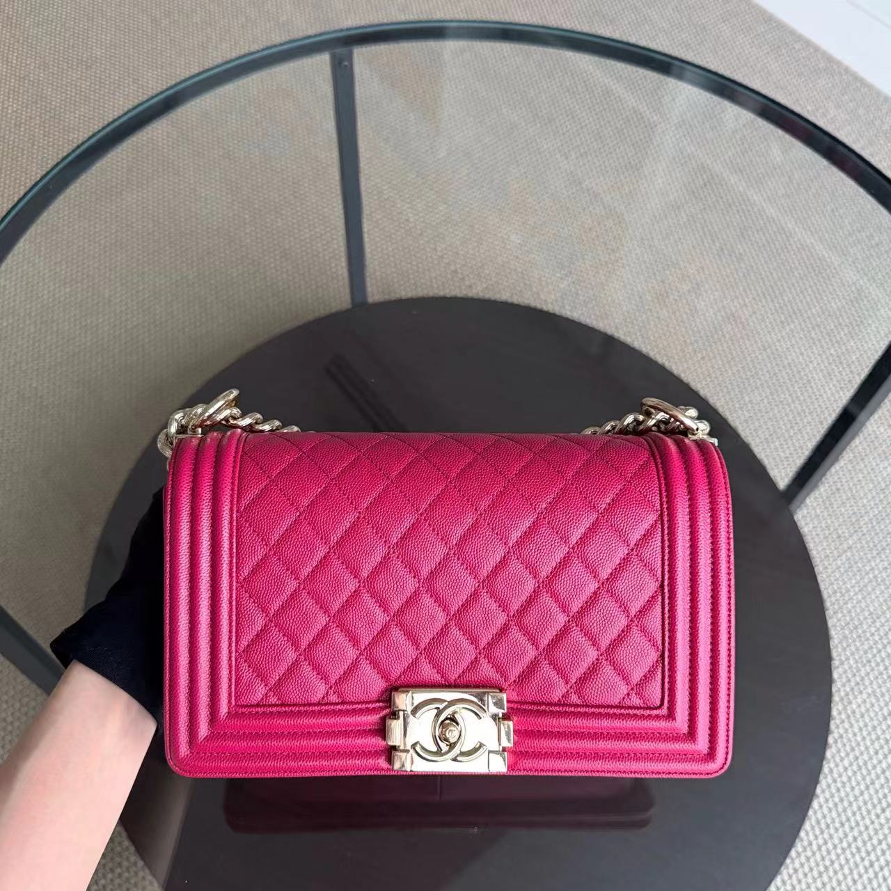 Chanel Boy Medium - Caviar 25CM Quilted Hot Pink Gold Hardware Series 23