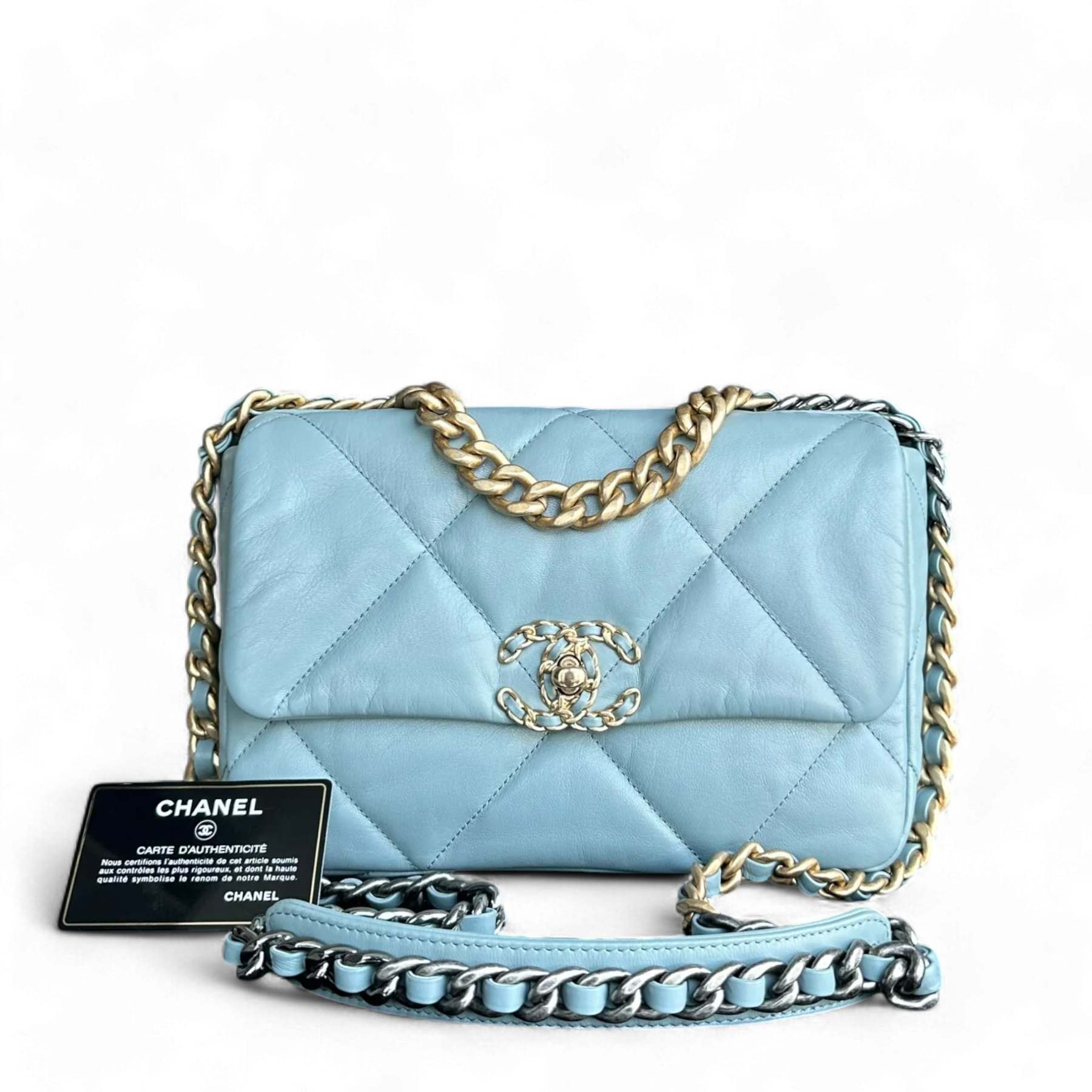 Chanel C19 Small 19 Bag Quilted Goatskin Light Blue Two-Tone Hardware Series 30