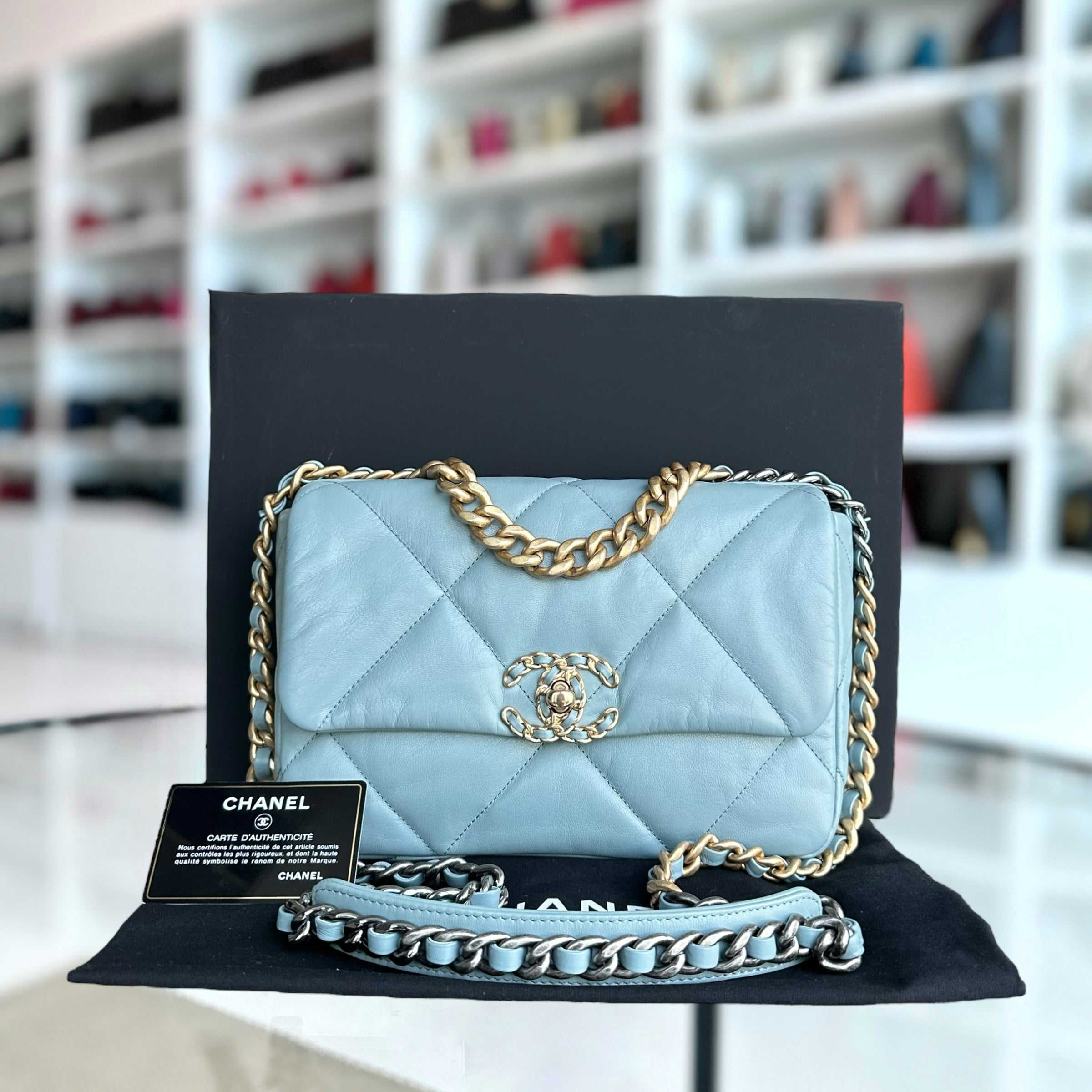 Chanel C19 Small 19 Bag Quilted Goatskin Light Blue Two-Tone Hardware Series 30