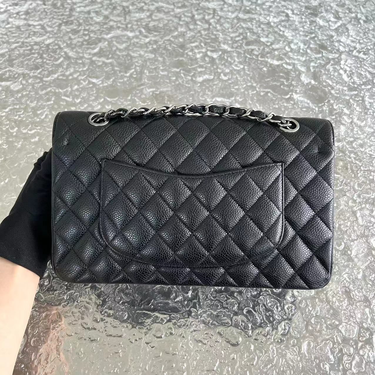 Caviar Double Flap Quilted Calfskin Black Silver Hardware Series 14