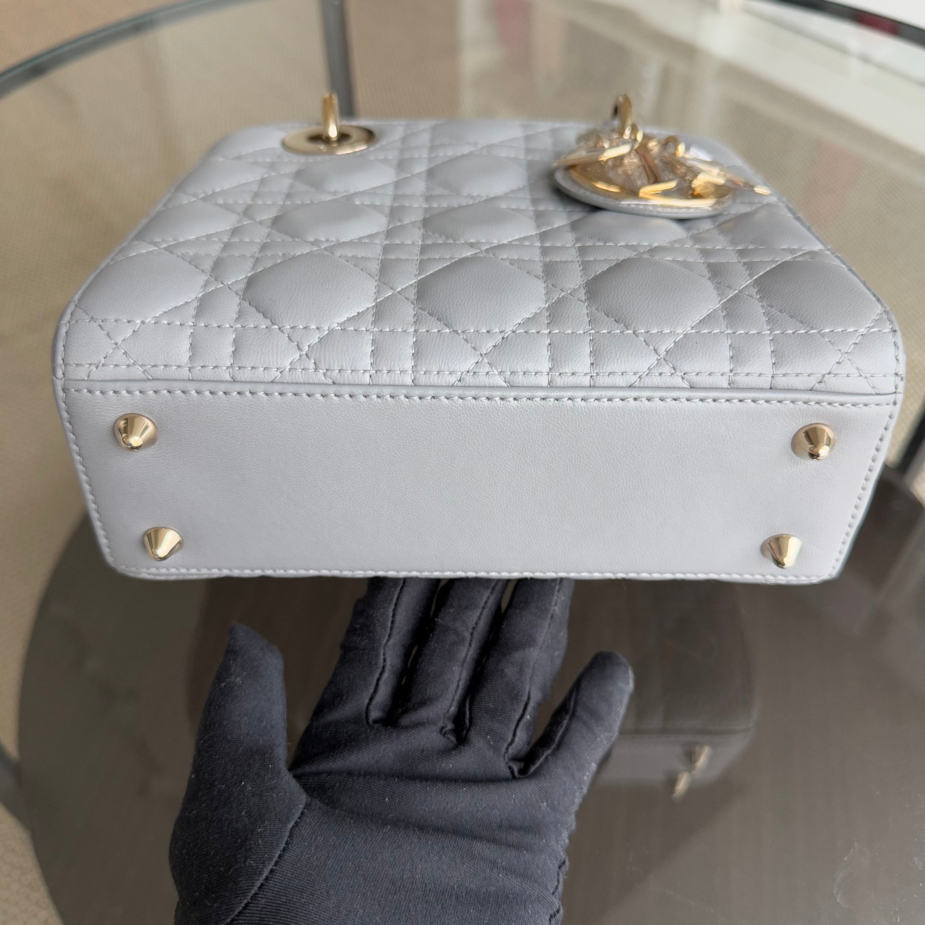 Dior Lady Small - Cannage Lambskin Grey Gray Gold Hardware