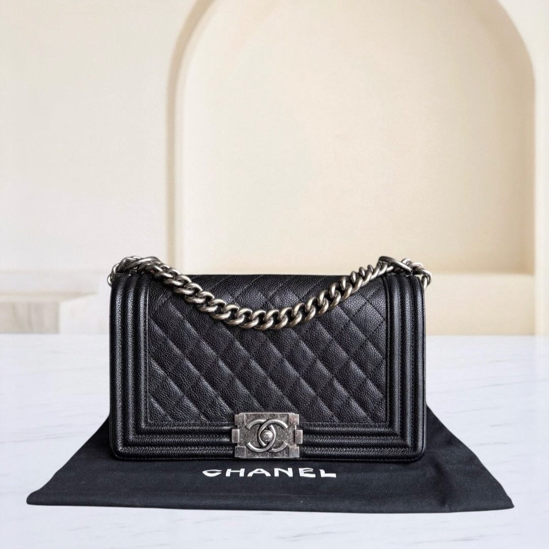 Chanel Boy Medium - Caviar Quilted Grained Calfskin Black Ruthenium Silver Hardware Series 23