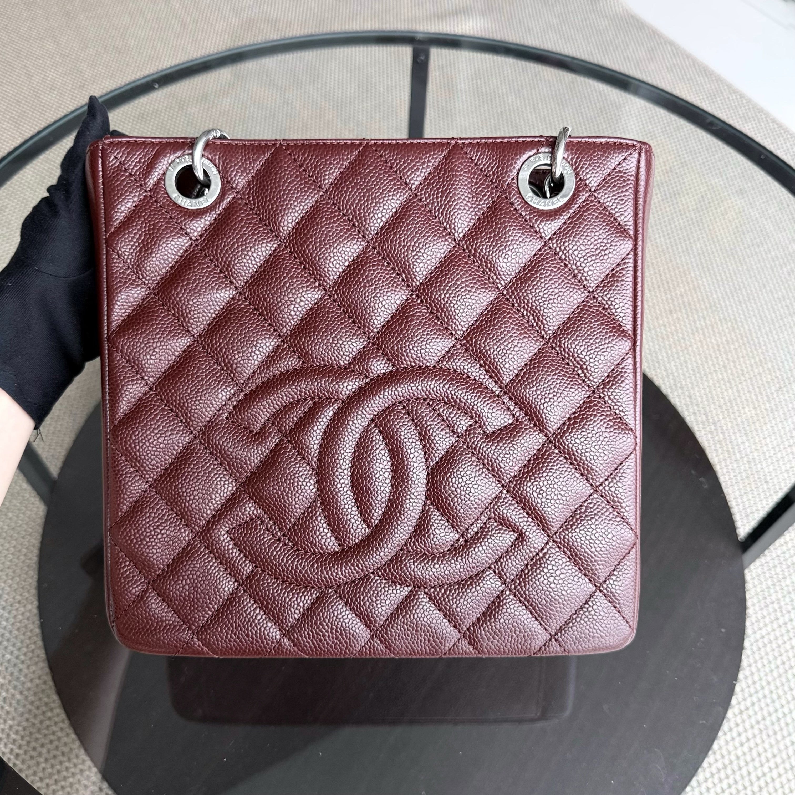 Chanel Caviar PST Petite Shopping Tote Quilted Grained Calfskin Burgundy Silver Hardware Series 18