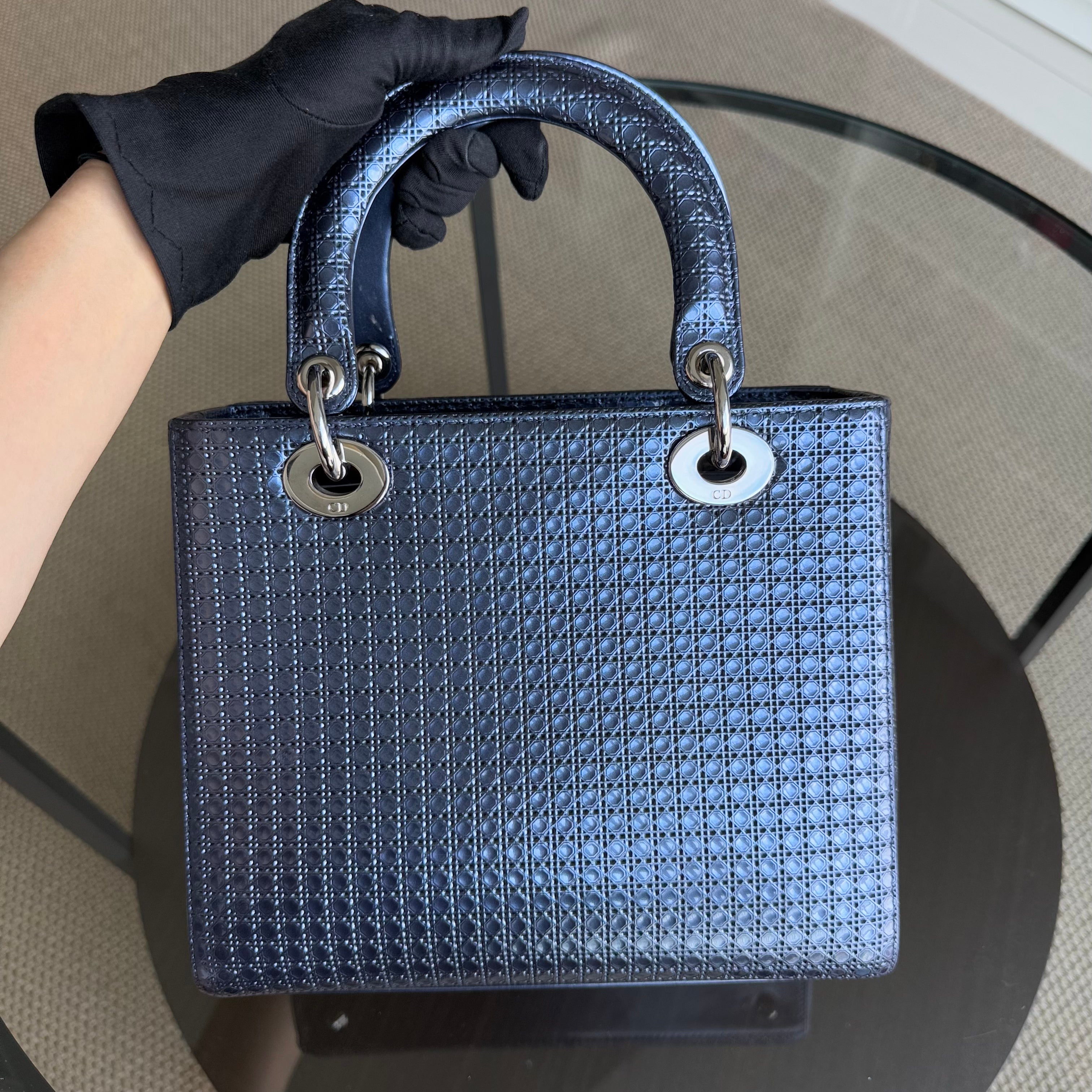 Dior Lady Medium - Metallic Micro-Cannage Blue Silver Hardware