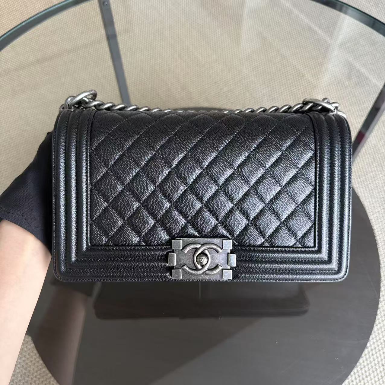 Chanel Boy Medium - Caviar 25CM Quilted Black Ruthenium Silver Hardware Series 25