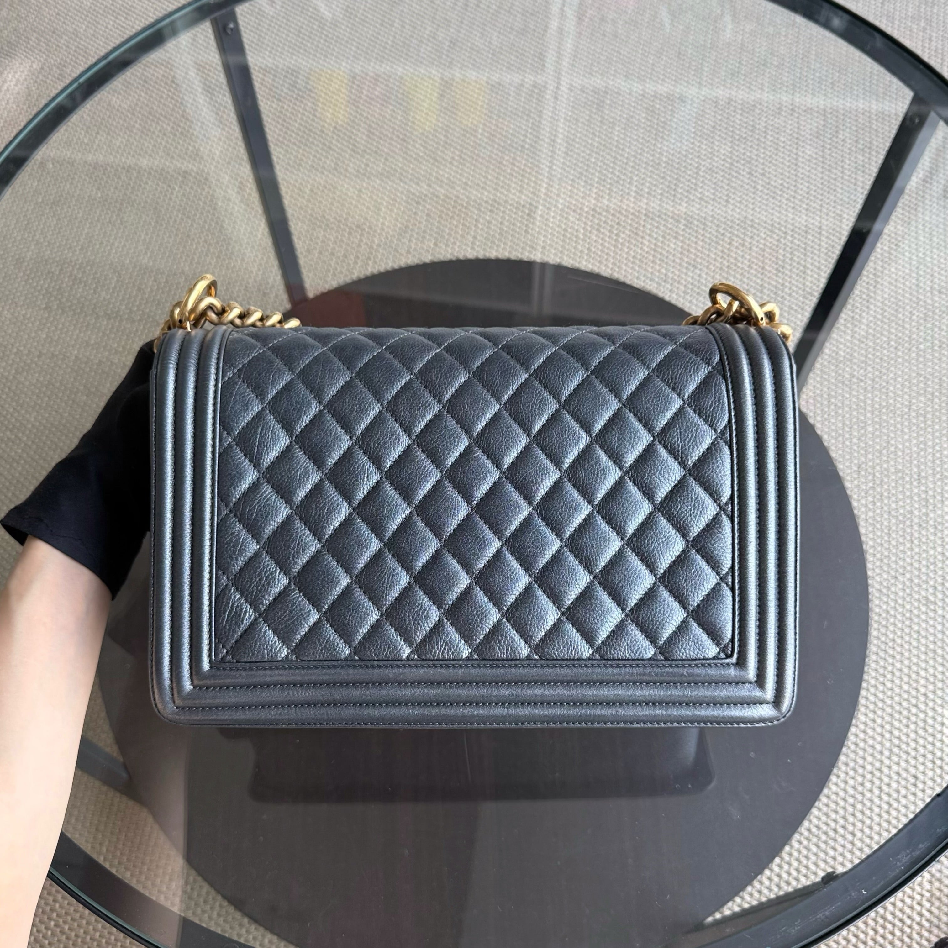 Chanel Boy New Medium - 28CM Quilted Grained Calfskin Dark Gray Ruthenium Gold Hardware Series 20