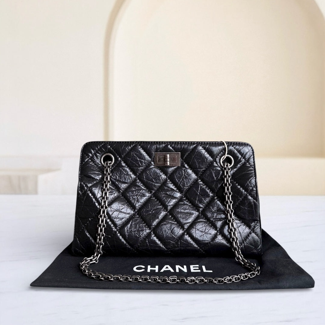 Chanel 2.55 Small Shopping Tote - Quilted Black Glazed Calfskin Silver Hardware Series 20