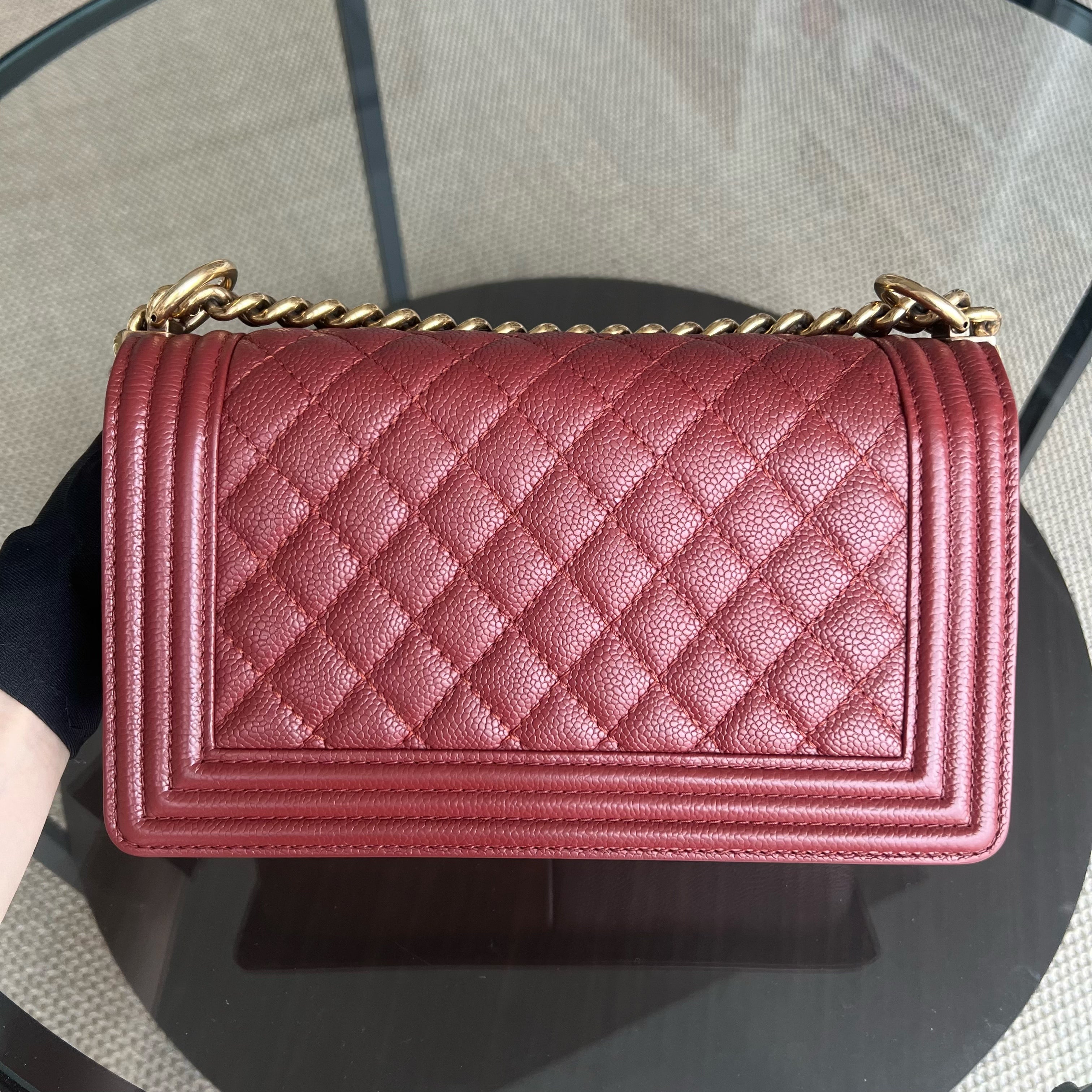 Chanel Boy Medium - Caviar 25CM Quilted Red Ruthenium Gold Hardware Series 20