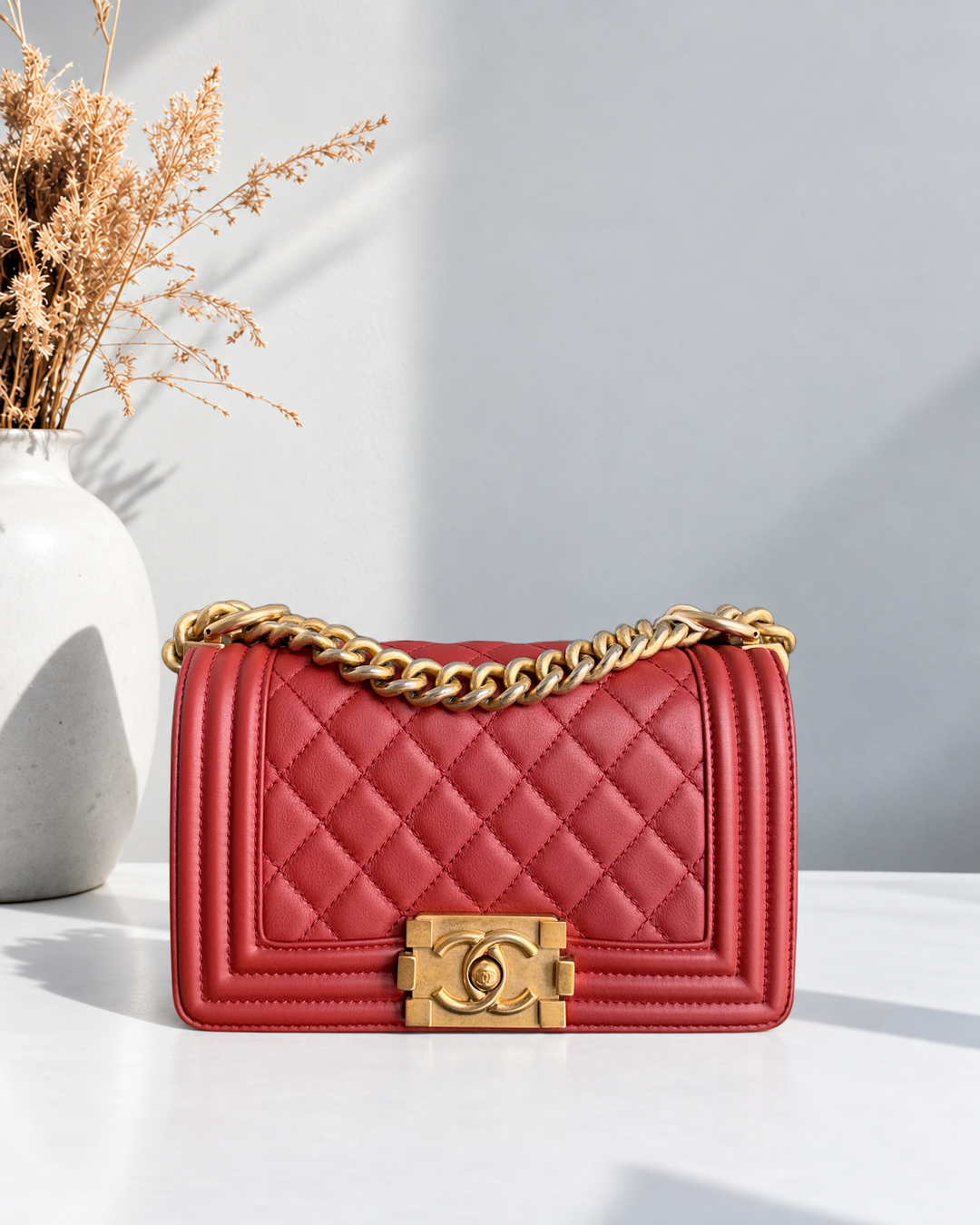 Chanel Boy Small - Calfskin 20CM Quilted Red Gols Hardware Series 26
