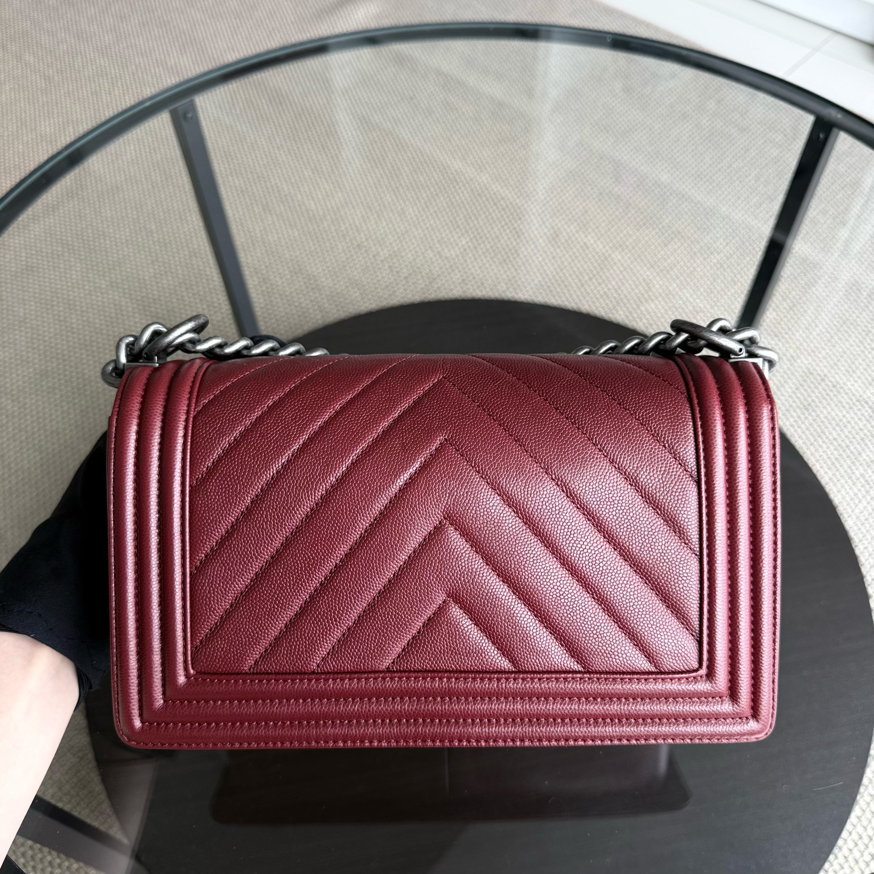 Chanel Boy Medium - Caviar 25CM Chevron Burgundy Dark Red Ruthenium Silver Hardware Series 24