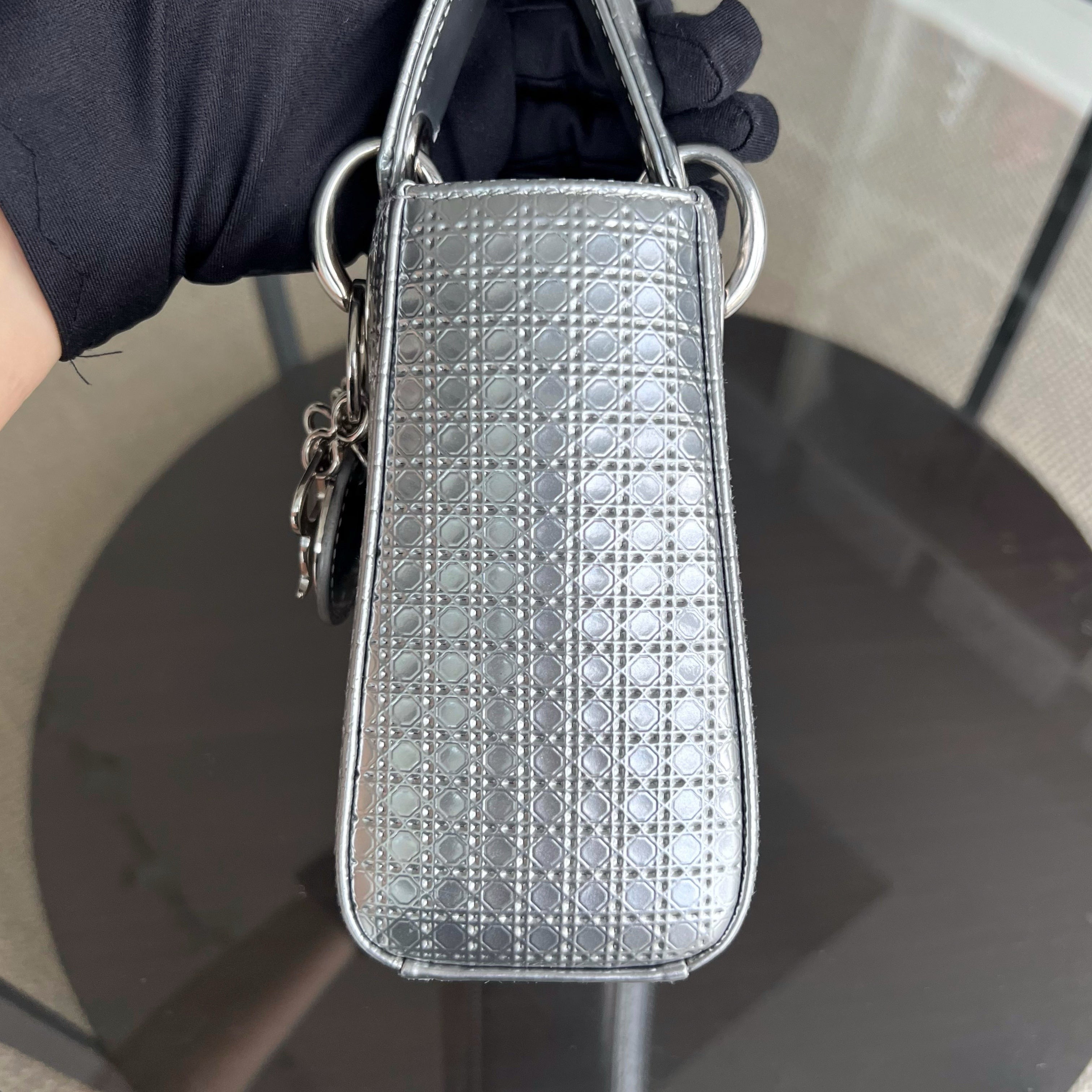 Dior Lady Mini - Metallic Calfskin Micro Cannage Silver Hardware Chain strap