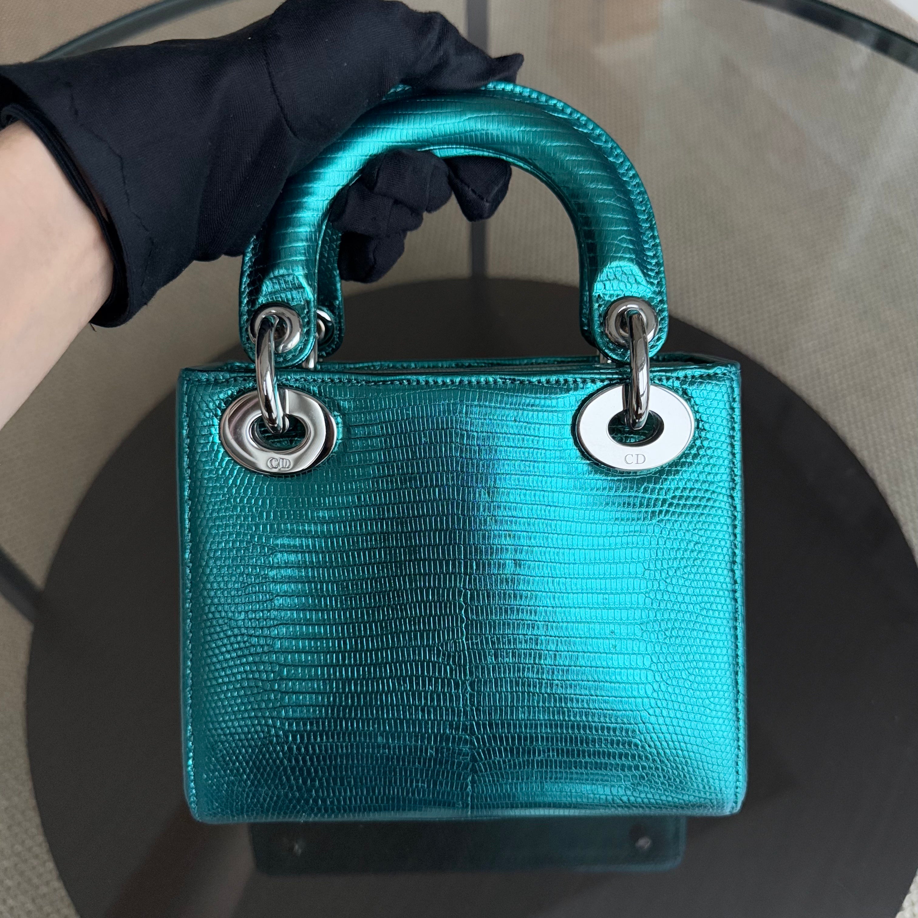 Dior Lady Mini - Exotic Lizard Skin Metallic Blue Green Silver Hardware Leather Strap