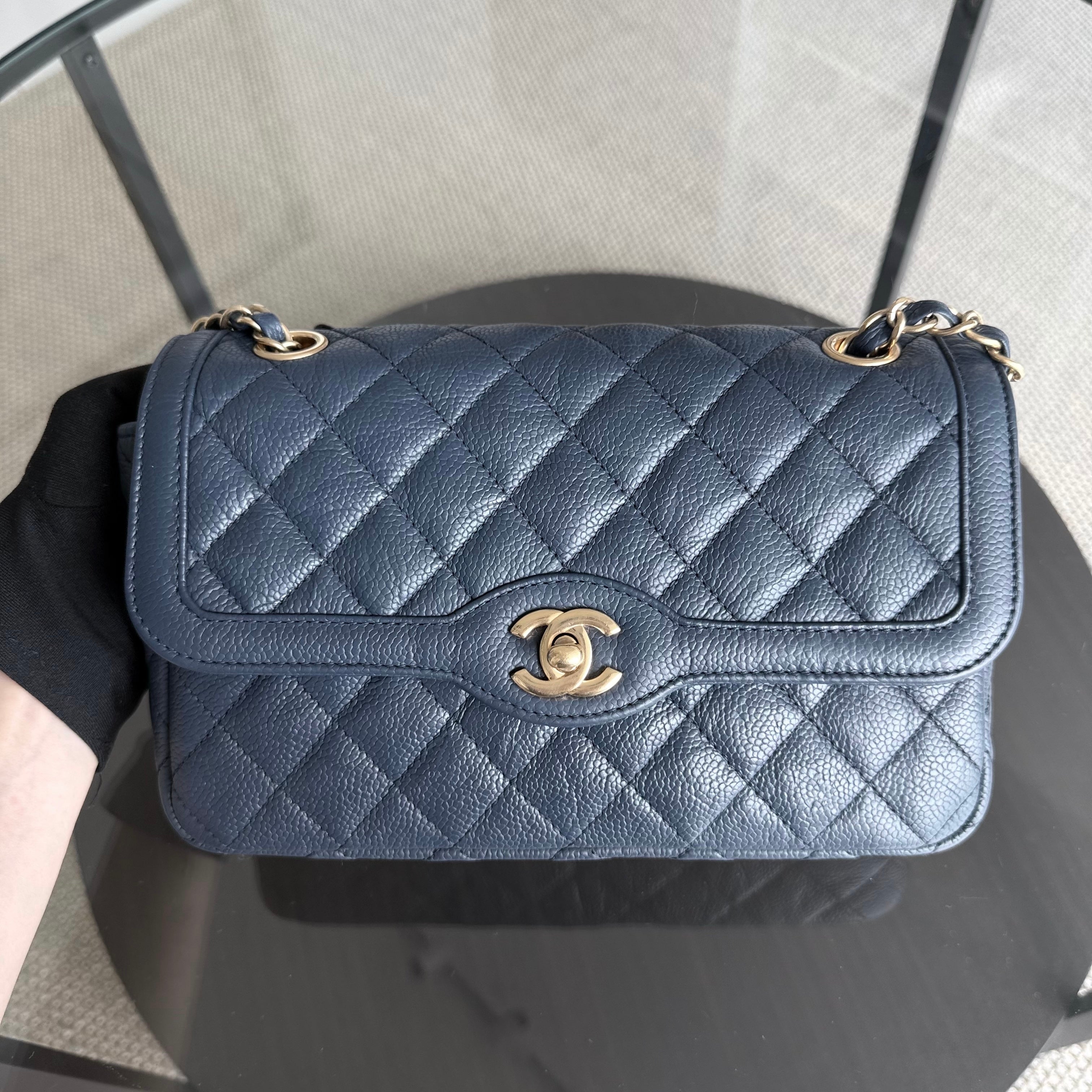 Chanel Two Tone Flap - Medium Crumpled Grained Calfskin Navy Blue Gold