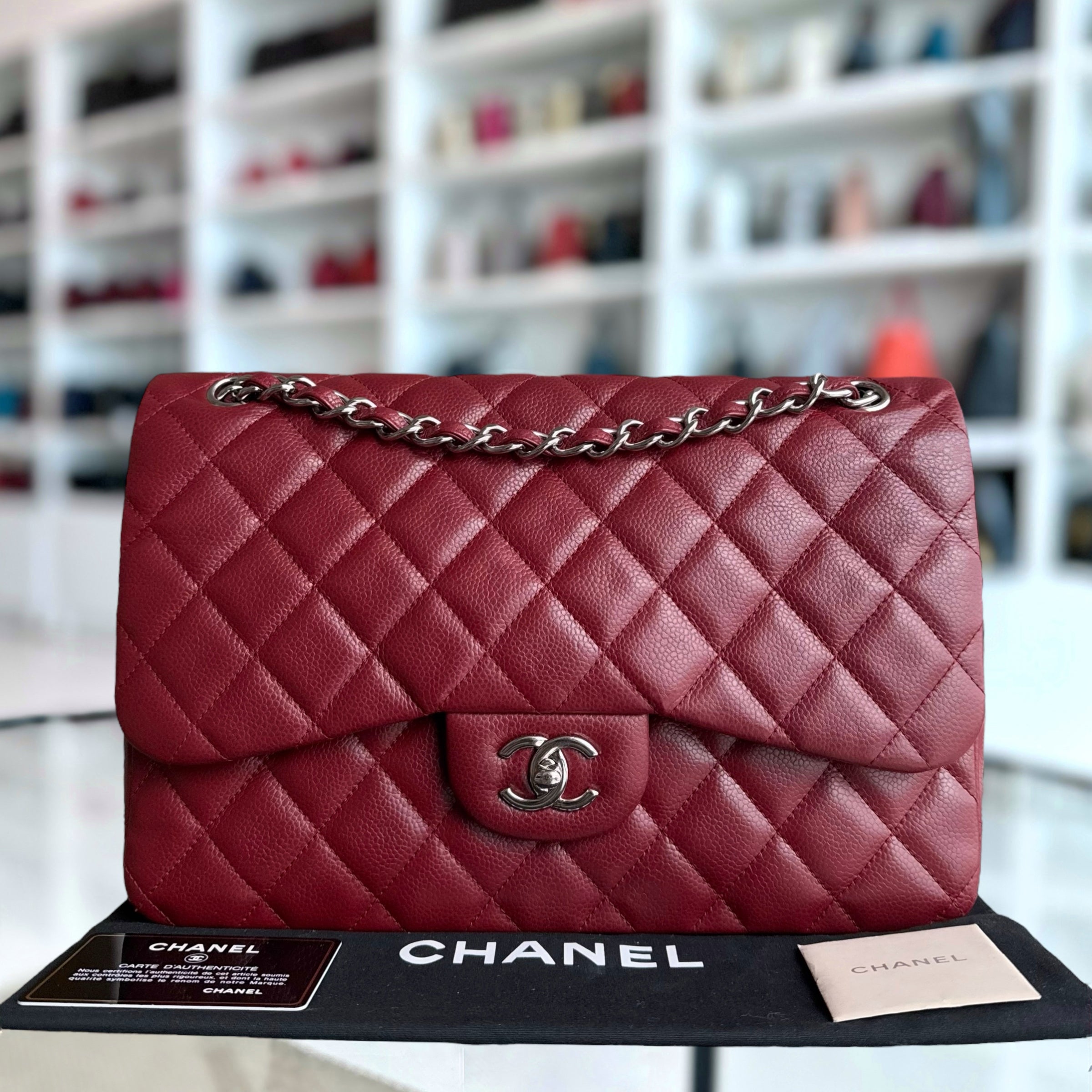 Chanel Classic Flap Jumbo - Caviar Double Flap Quilted Burgundy Dark Red Silver Hardware Series 15