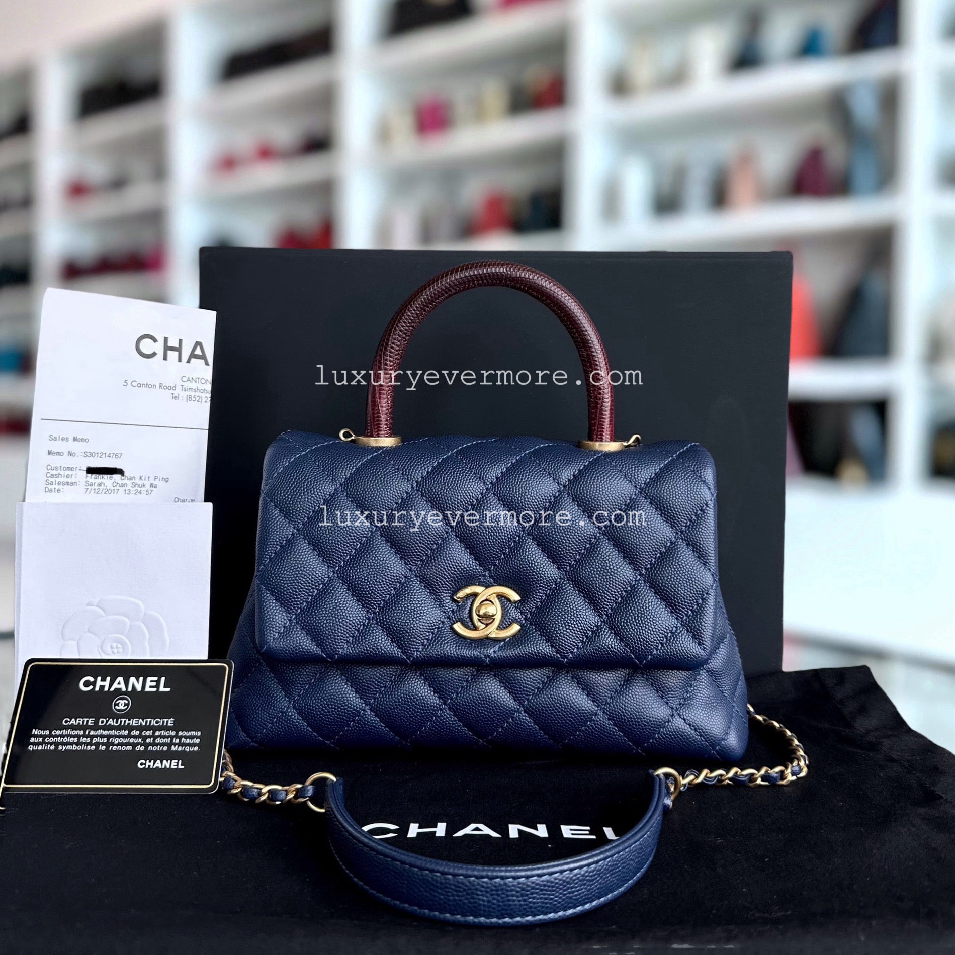 Chanel Coco handle Small - Caviar 24CM Quilted Calfskin Lizard Dark Blue Gold Hardware No 24