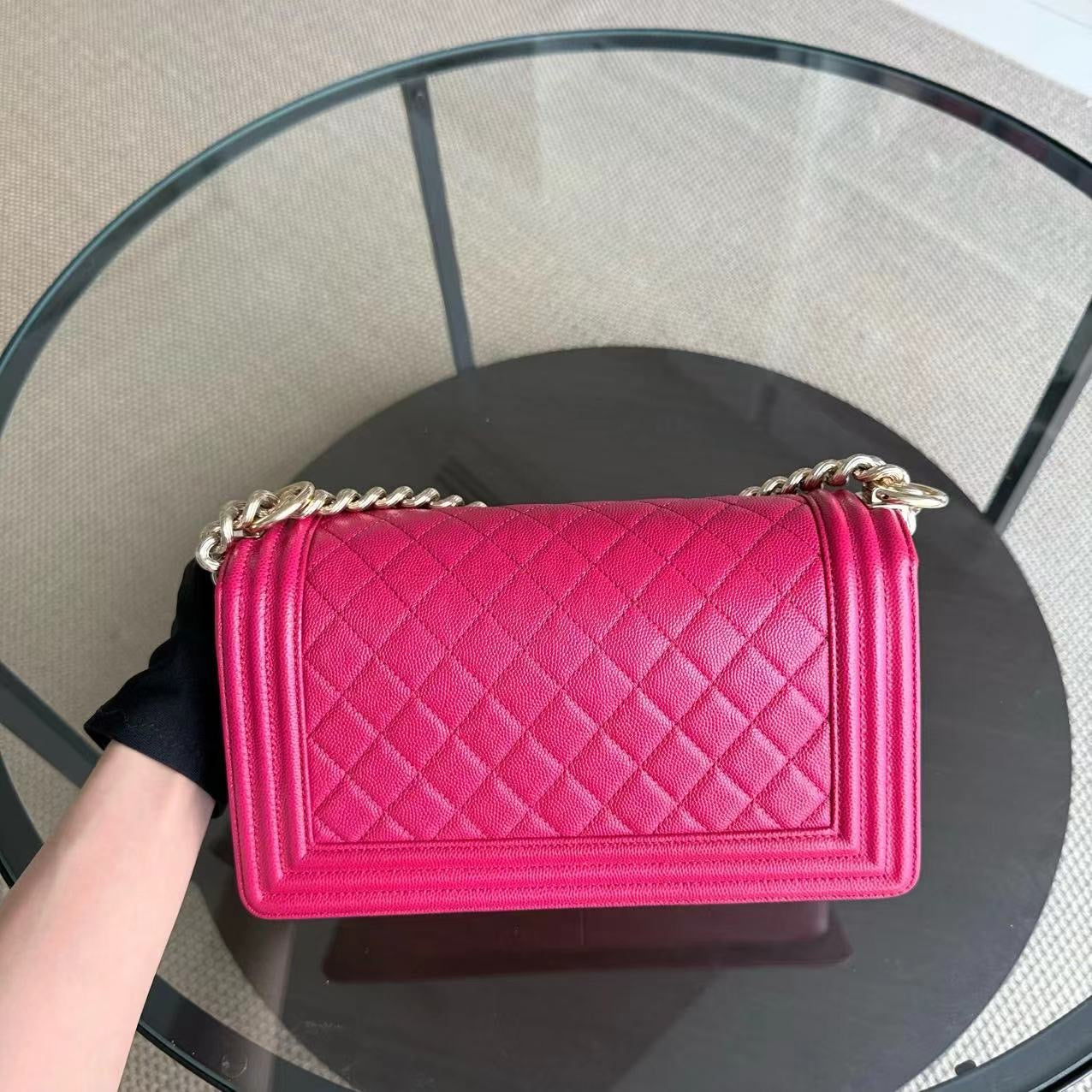 Chanel Boy Medium - Caviar 25CM Quilted Grained Calfskin Hot Pink Gold Hardware Series 23