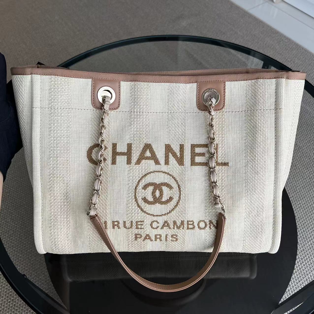 Chanel Deauville Small Tote Yellow Canvas Silver Hardware 29