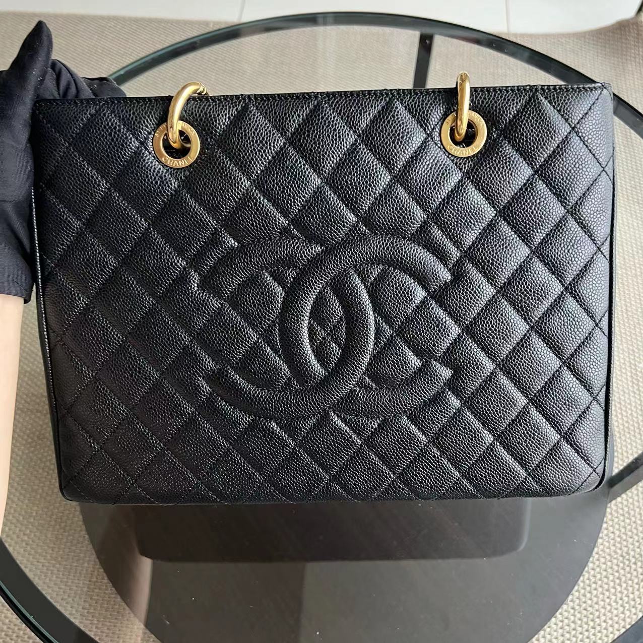 Chanel GST Grand Shopping Tote Caviar Quilted Grained Calfskin Black Golden Hardware Series 19