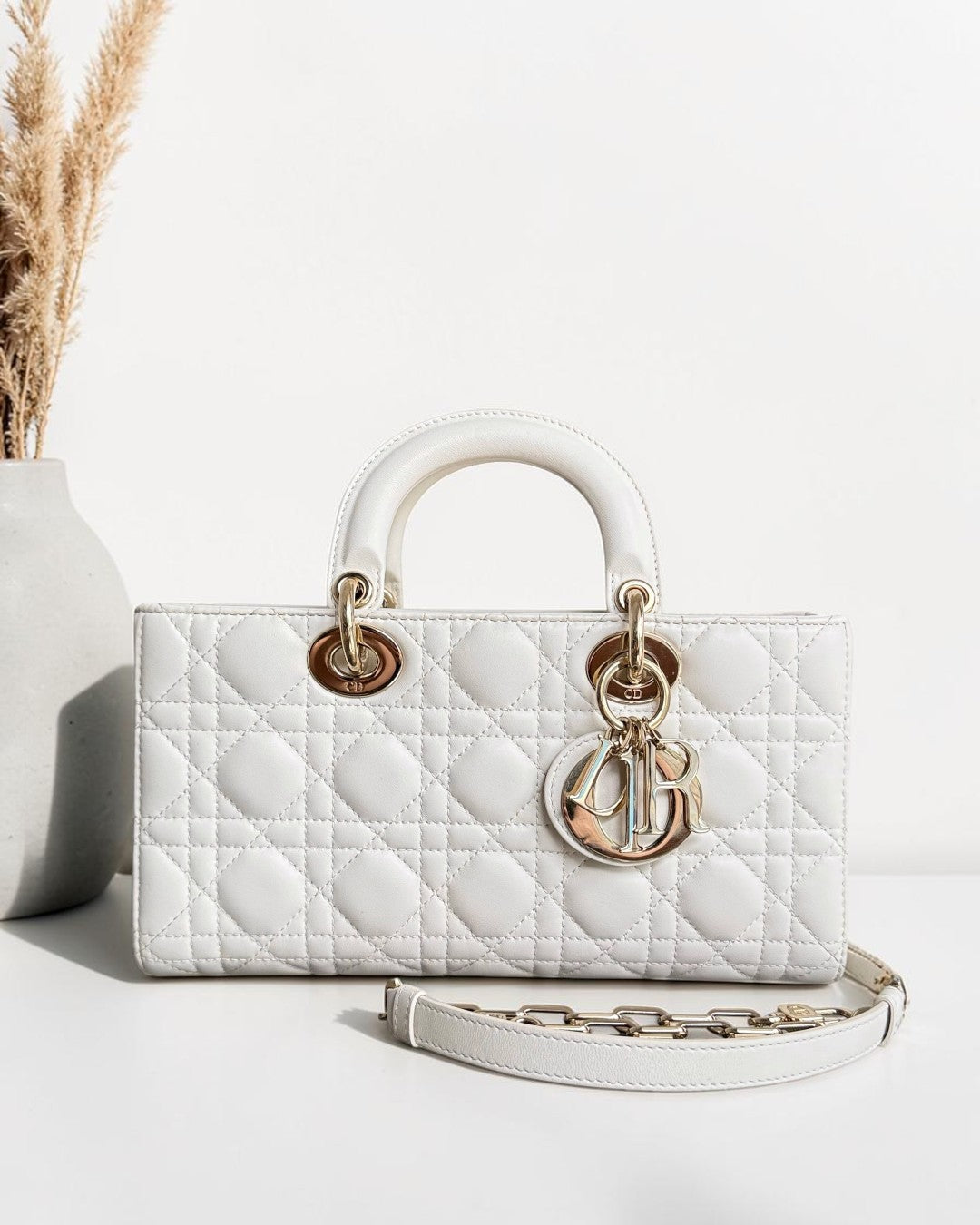 Dior D-Joy Medium - Cannage Lambskin White Gold Hardware