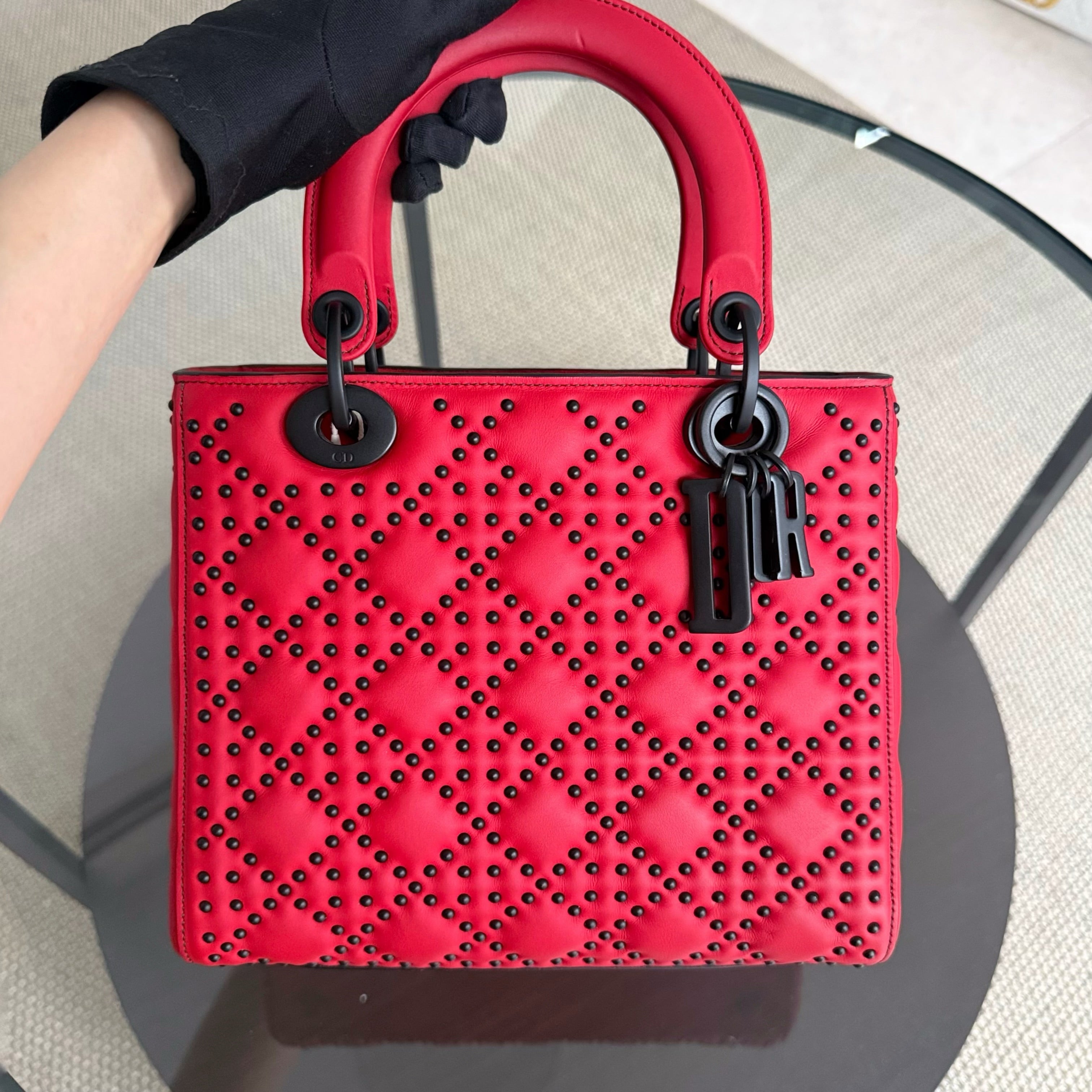 Dior Lady Medium Flap - Studded Cannage Calfskin Red Black Hardware