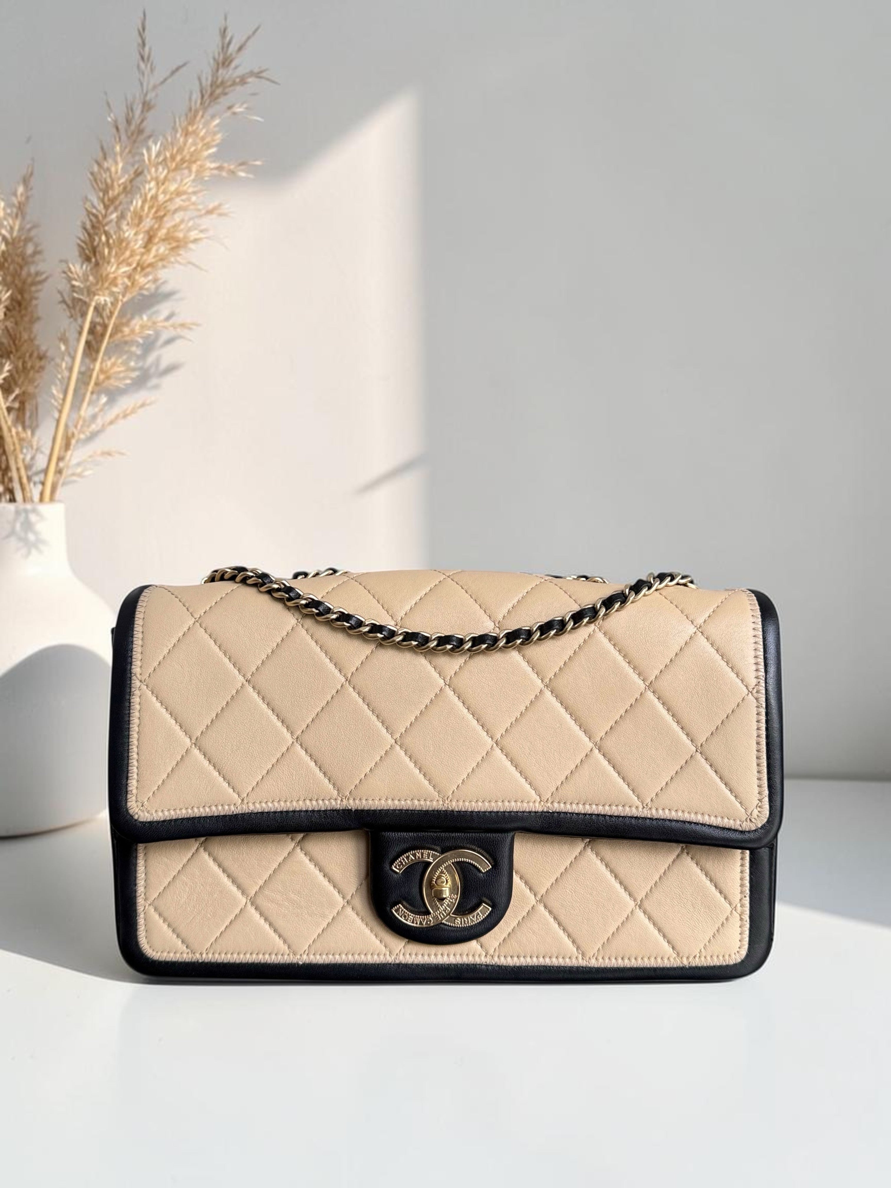 Chanel Seasonal Flap - 25CM Quilted Lambskin Bi-Color Beige Black Gold Hardware