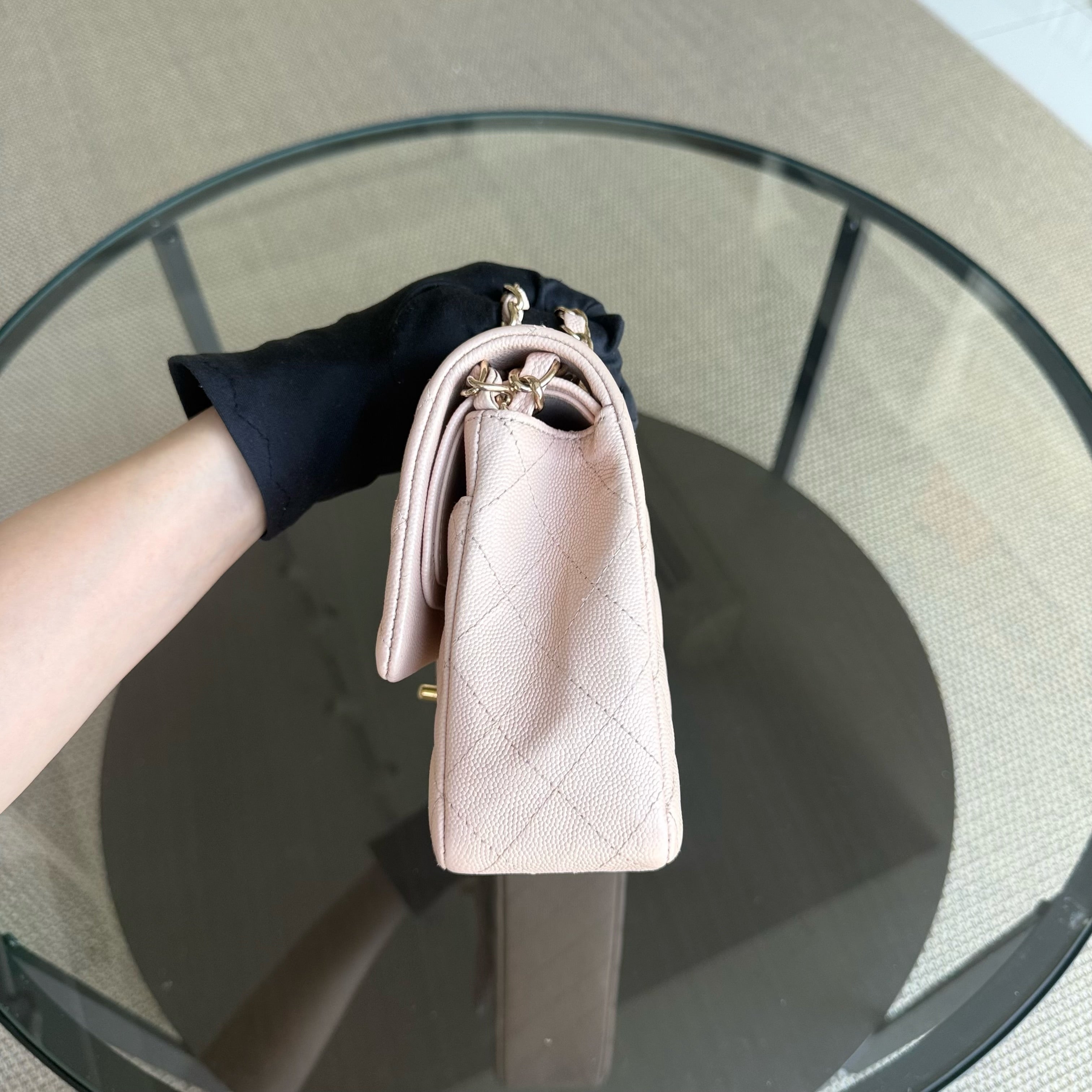 Chanel Classic Flap Medium - Caviar 25CM Quilted Grained Calfskin Light Pink Beige Gold Hardware Microchip