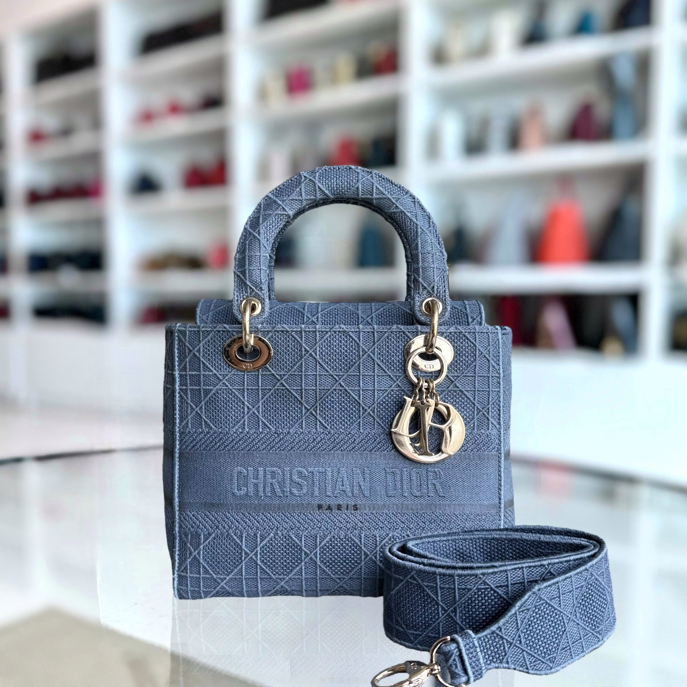 Dior Lady D-Lite - Cannage Embroidered Light Denim Blue Gold Hardware