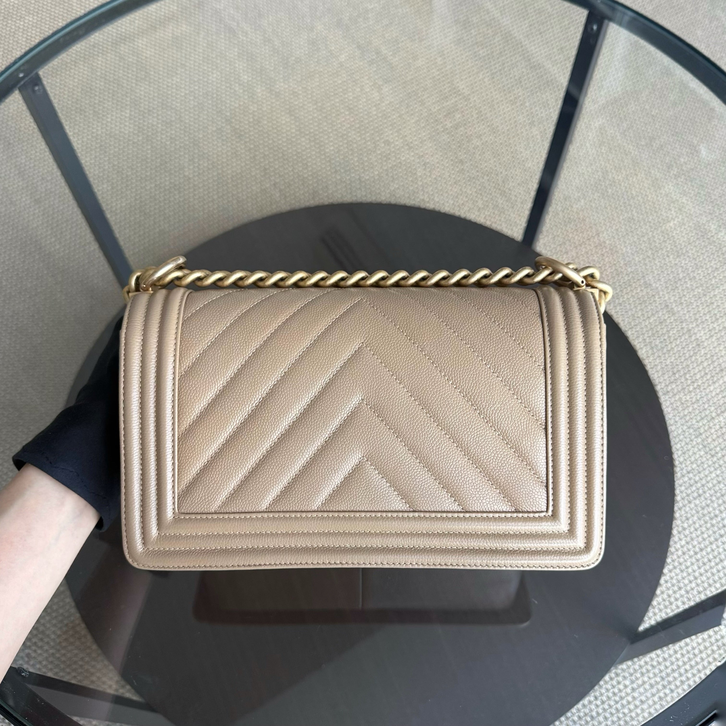 Chanel Boy Medium - Caviar 25CM Chevron Grained Calfskin Beige Gold Hardware Series 25