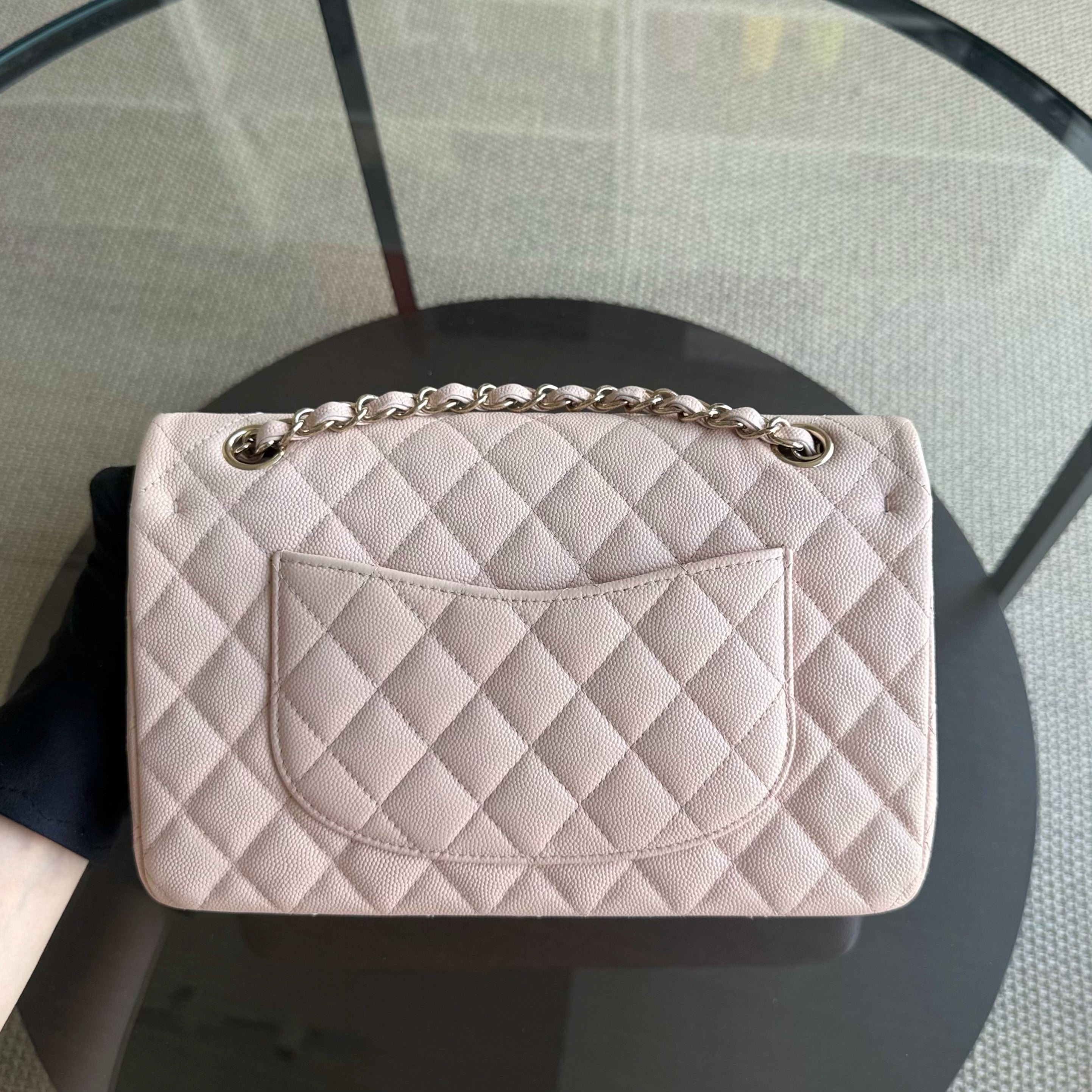Chanel Classic Flap Medium - Caviar 25CM Quilted Grained Calfskin Light Pink Beige Gold Hardware Microchip