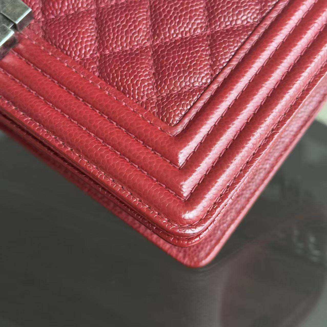 Chanel Boy Medium - Caviar 25CM Quilted Burgundy Dark Red Ruthenium Silver Hardware Series 20